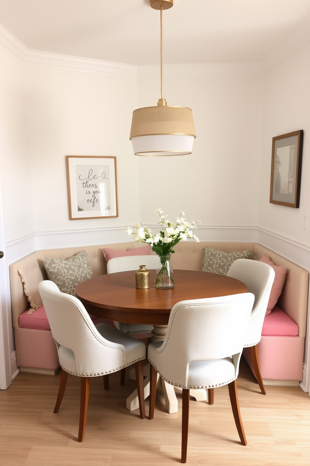 A cozy small dining room features a rustic farmhouse table made of reclaimed wood, surrounded by mismatched chairs that add character. Soft, warm lighting hangs above the table, creating an inviting atmosphere, while a centerpiece of fresh flowers complements the room's charm.