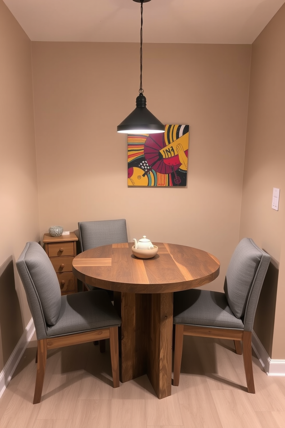 A cozy dining area features a round table surrounded by four upholstered chairs in a soft fabric. The walls are painted in a light neutral tone, and a statement pendant light hangs above the table, creating an inviting atmosphere. A sideboard against one wall provides additional storage and display space for decorative items. Potted plants in the corners add a touch of greenery, enhancing the warmth and charm of the small dining room.