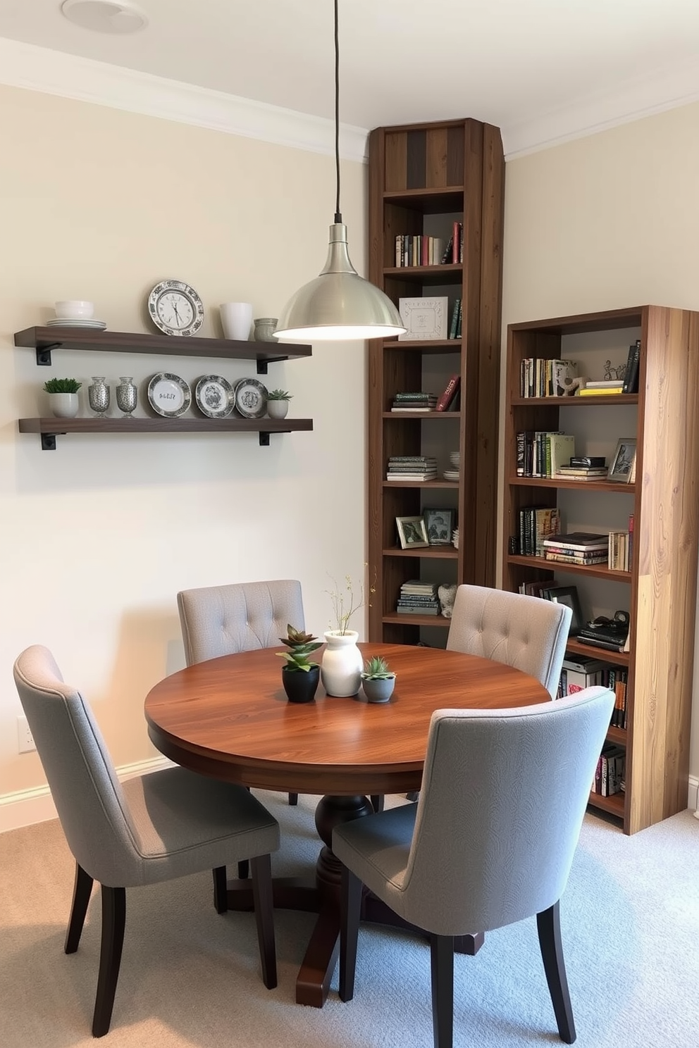 A cozy small dining room features a round wooden table surrounded by upholstered chairs in a soft gray fabric. The walls are painted a light cream color, and floating shelves above the table hold decorative plates and small potted plants to maximize vertical space. In one corner, a tall bookshelf made of reclaimed wood displays books and personal mementos. A pendant light with a warm glow hangs above the table, creating an inviting atmosphere for intimate meals.