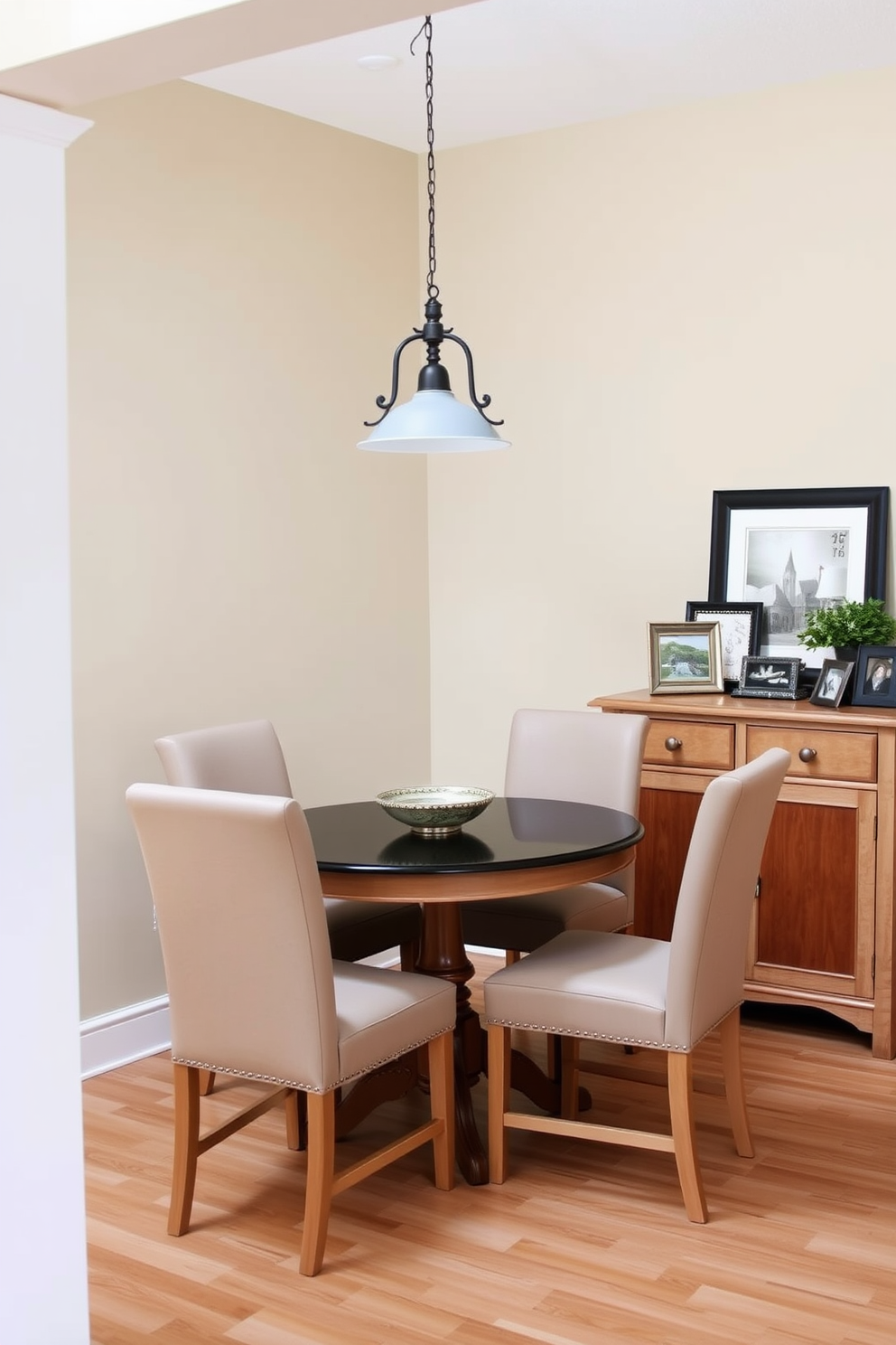 A cozy dining room featuring a small round table surrounded by four upholstered chairs. The walls are painted in a soft beige, and a pendant light hangs gracefully above the table. In one corner, a small sideboard adds functionality and storage, finished in a light wood that complements the room's decor. A decorative bowl sits atop the sideboard, while a few framed photos and a small plant add a personal touch.