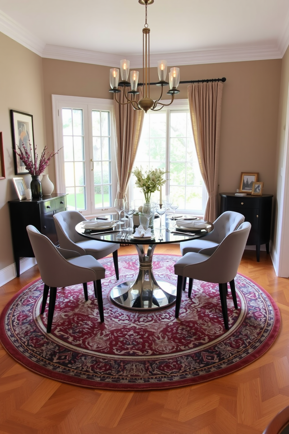 A cozy small dining room features a round rug that enhances the flow of the space. The table is set with elegant dinnerware and surrounded by stylish chairs that complement the rug's design.