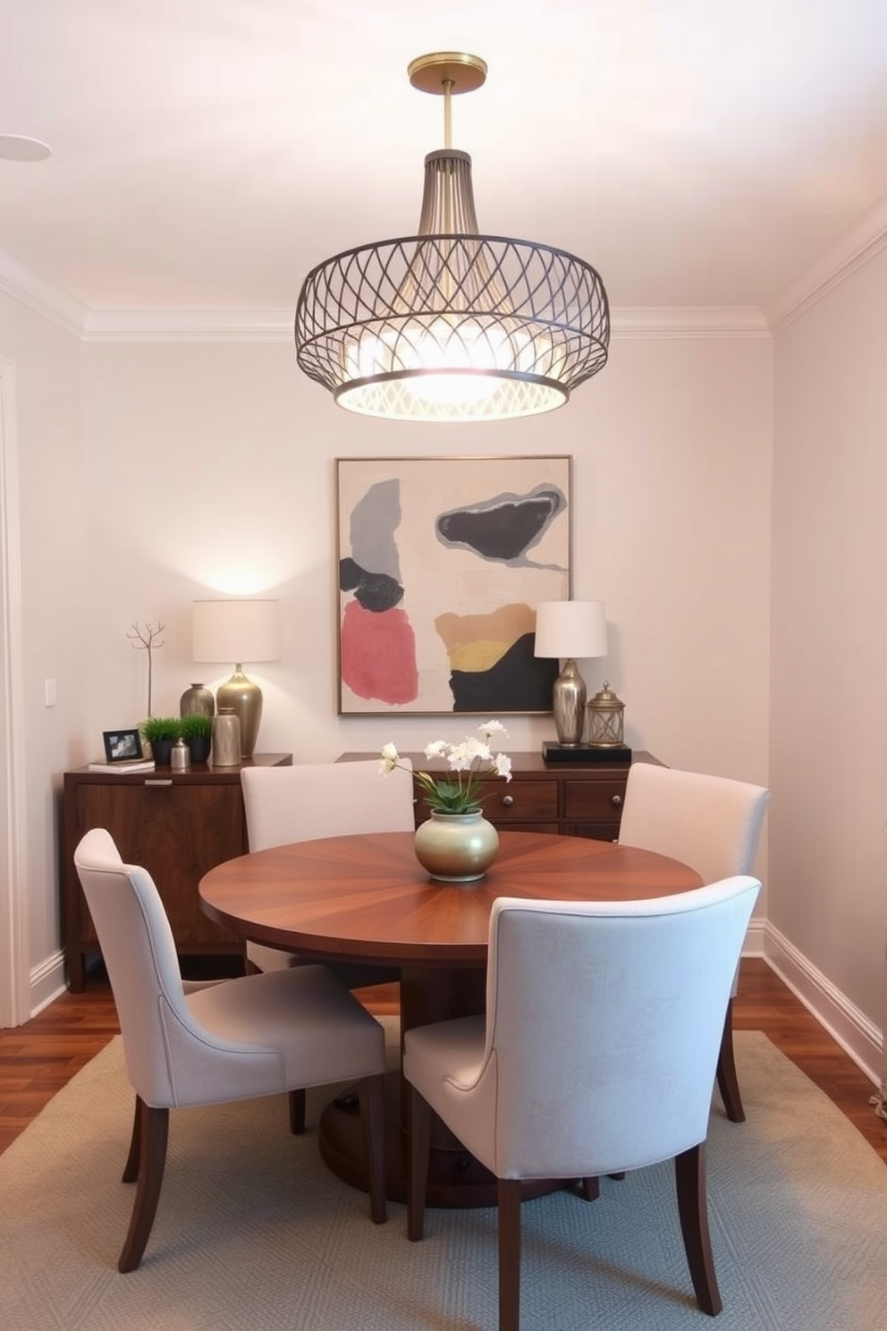 A cozy small dining room featuring a round wooden table surrounded by upholstered chairs in soft pastel colors. Above the table, a striking statement light fixture with an intricate design casts a warm glow, enhancing the inviting atmosphere. The walls are painted in a light neutral shade, creating an airy feel, while a large piece of abstract art adds a pop of color. A small sideboard against one wall provides storage and displays decorative items, complementing the overall design.