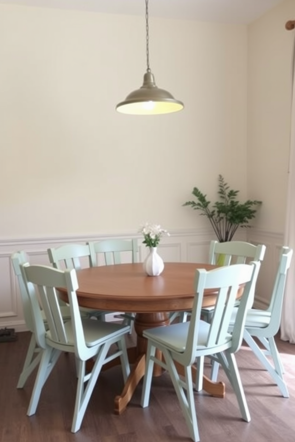 A cozy dining room features a round wooden table surrounded by stackable chairs in a soft pastel color. The walls are painted in a light cream hue, and a pendant light with a warm glow hangs above the table, creating an inviting atmosphere.