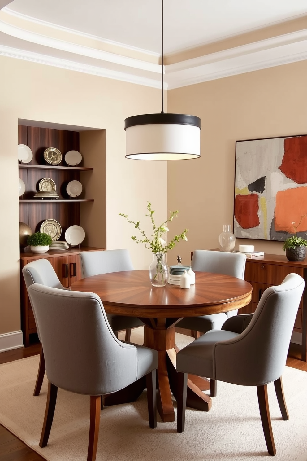 A cozy small dining room featuring a round wooden table surrounded by upholstered chairs in soft gray. The walls are painted in a warm beige, and a statement pendant light hangs above the table, adding a touch of elegance. A sideboard in a rich walnut finish sits against one wall, adorned with decorative plates and a few potted plants. A large piece of abstract art in complementary colors adds visual interest to the space, creating a harmonious and inviting atmosphere.