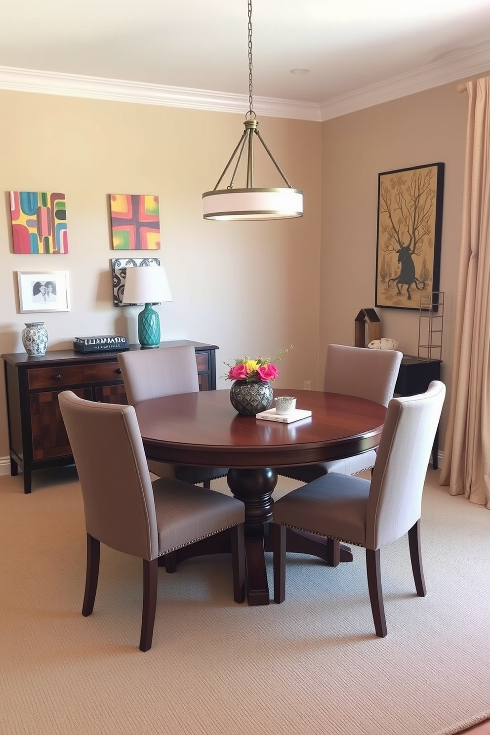 A cozy dining room featuring a round wooden table surrounded by upholstered chairs in soft fabric. The walls are painted in a warm beige, adorned with colorful wall art that adds a personal touch to the space. A stylish pendant light hangs above the table, casting a warm glow. A small sideboard against one wall displays decorative items and serves as additional storage.