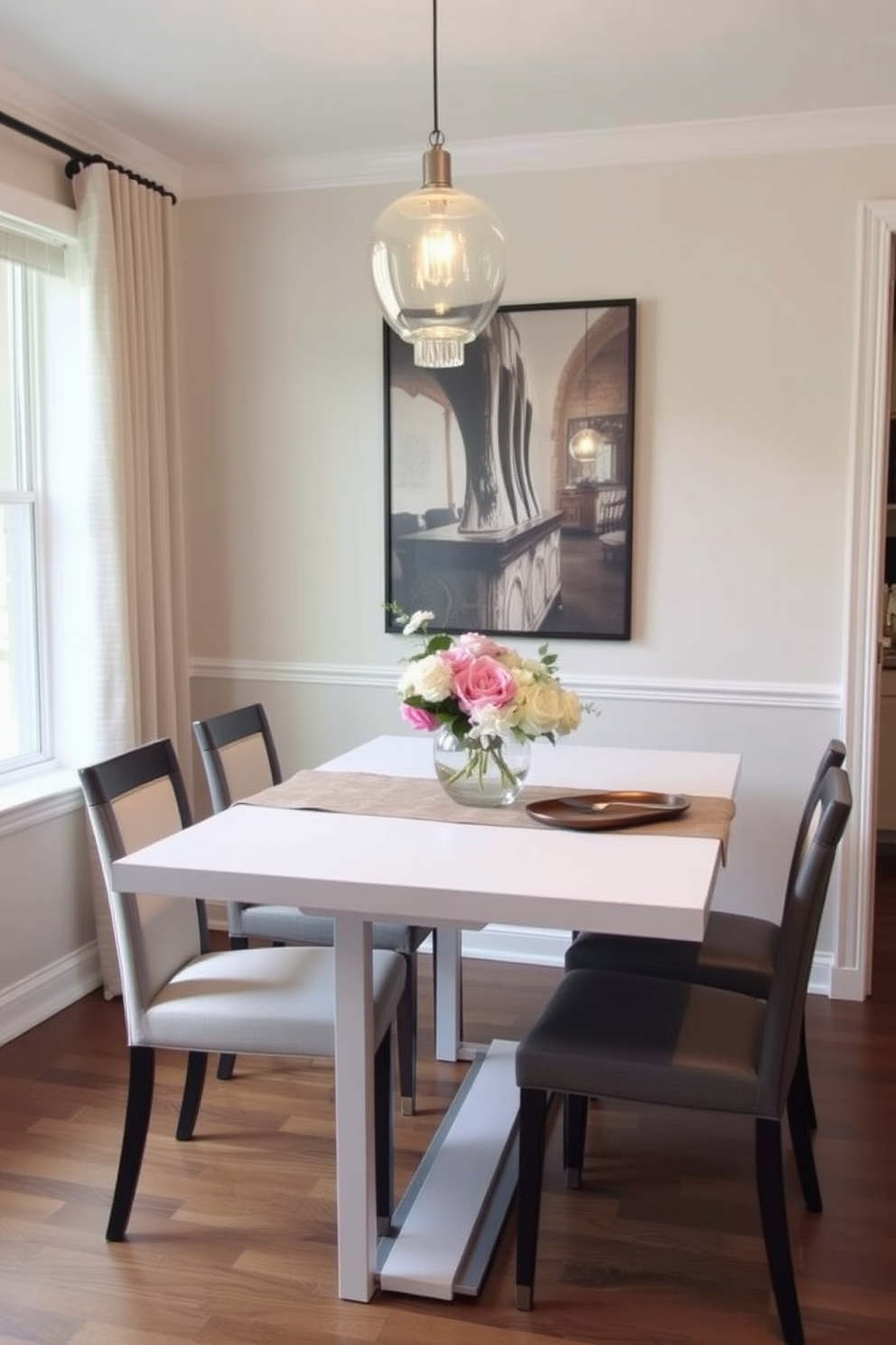 A cozy small dining room features a round wooden table surrounded by upholstered chairs in soft pastel colors. The window sill is adorned with potted herbs and a decorative bowl, enhancing the room's charm and functionality.