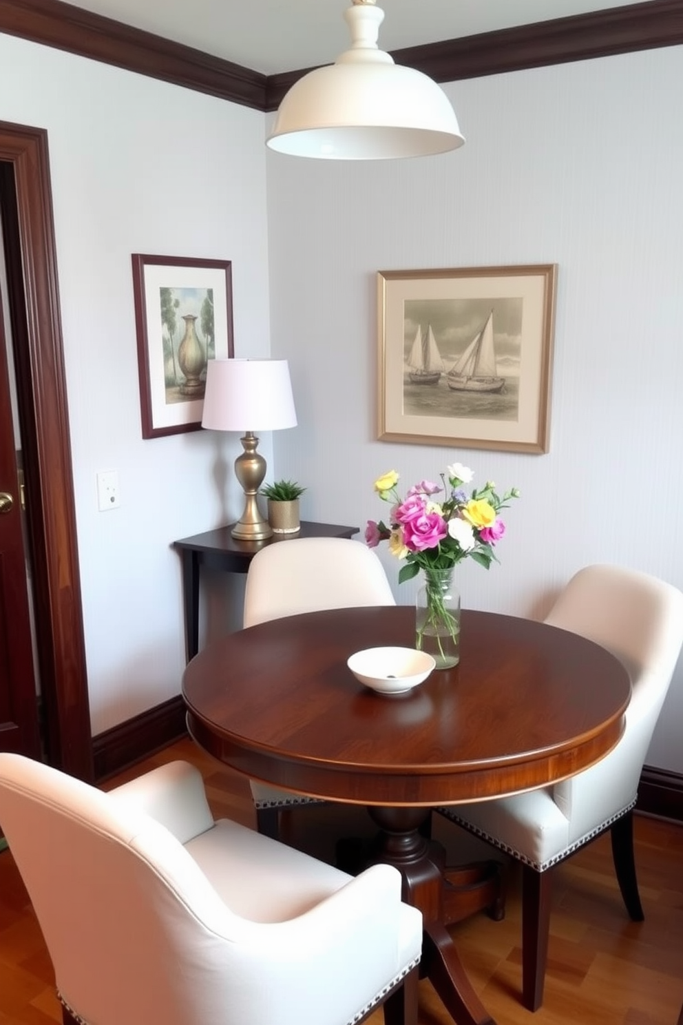 A cozy small dining room features a round wooden table surrounded by upholstered chairs in soft pastel colors. Against one wall, a small side table holds a decorative lamp and a vase with fresh flowers, adding warmth and charm to the space.