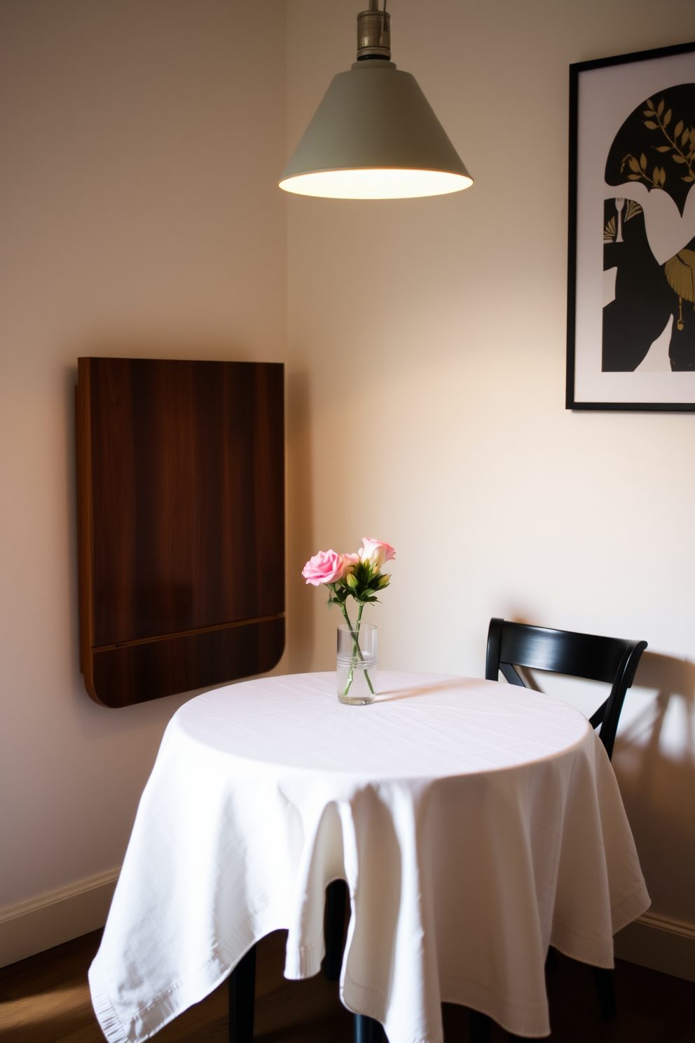 A cozy small dining room featuring a wall-mounted drop leaf table that can be folded down when not in use. The table is adorned with a simple tablecloth and a small vase of fresh flowers, creating an inviting atmosphere. Surrounding the table are two stylish chairs that complement the decor. Soft lighting from a pendant fixture above casts a warm glow, enhancing the intimate setting.