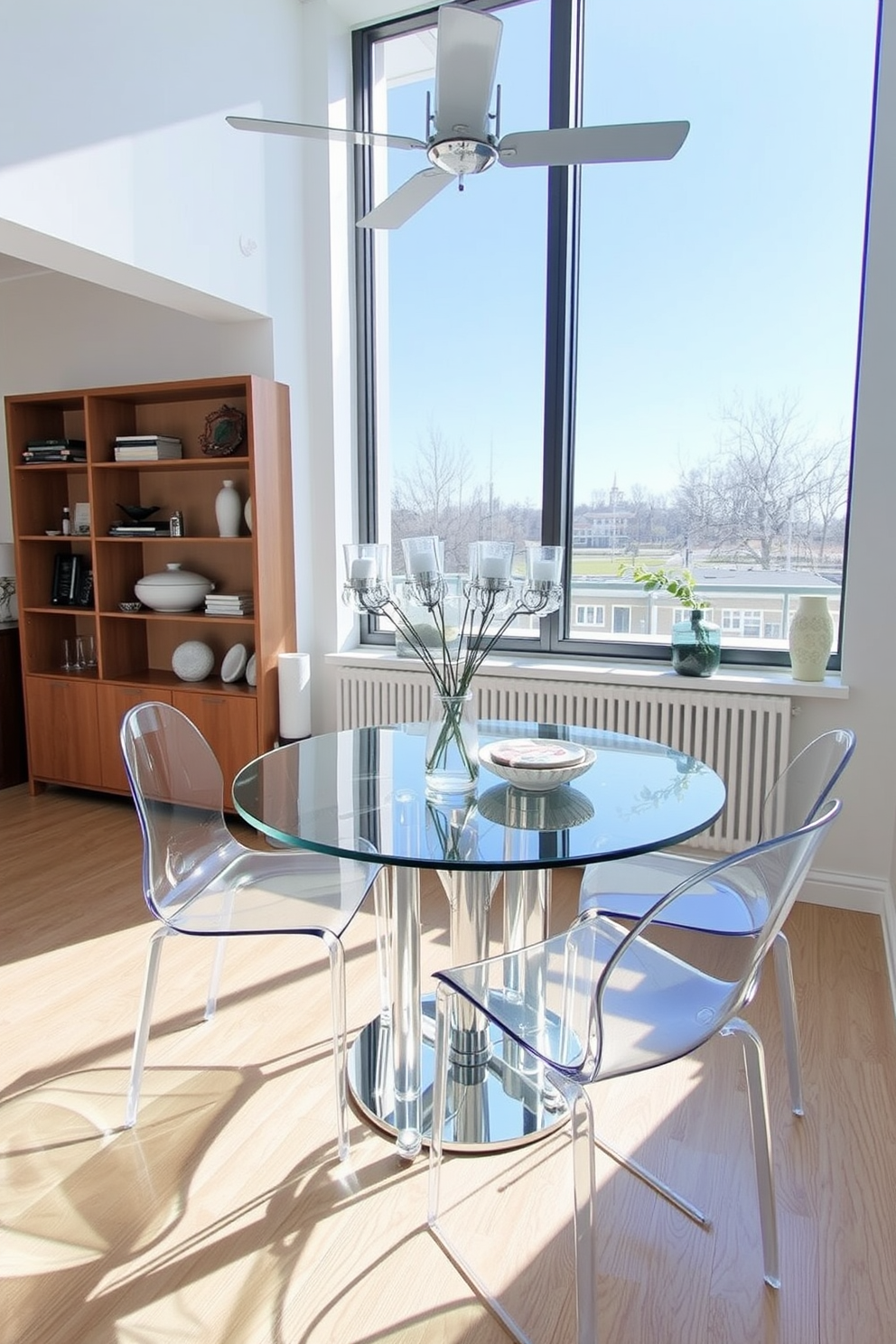 A cozy dining room featuring a round wooden table surrounded by upholstered chairs in soft pastel colors. On one wall, a gallery wall displays an eclectic mix of framed artwork and photographs, adding personality and charm to the space. The room is illuminated by a stylish pendant light hanging above the table, casting a warm glow. A small sideboard against another wall holds decorative items and provides additional storage, enhancing the room's functionality.