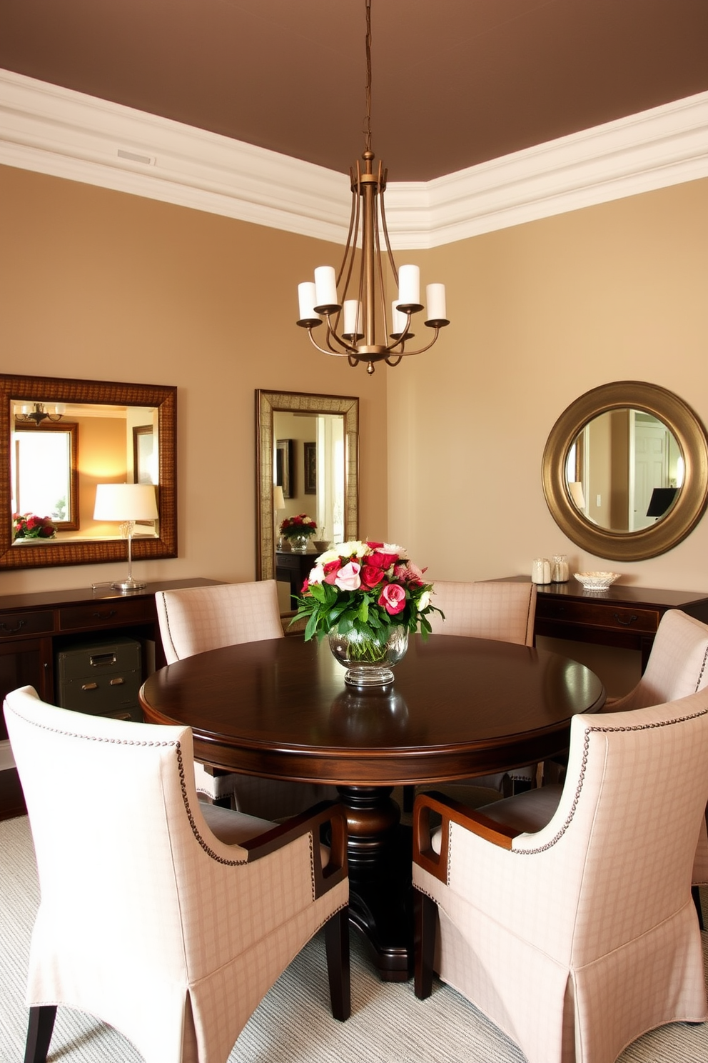 A cozy dining room with a round wooden table at its center surrounded by upholstered chairs. On the walls, large mirrors are strategically placed to reflect light and create an illusion of more space. The room is adorned with soft, ambient lighting from a stylish chandelier hanging above the table. A centerpiece of fresh flowers adds a touch of elegance, while warm neutral tones on the walls enhance the inviting atmosphere.