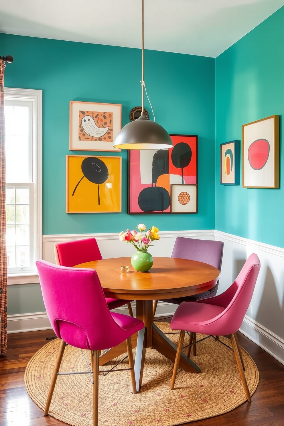 A colorful accent wall in a small dining room creates a lively atmosphere. The wall is painted in a bright teal shade, adorned with playful abstract art pieces that add character. A round wooden table sits at the center, surrounded by modern upholstered chairs in various vibrant colors. A stylish pendant light hangs above the table, casting a warm glow over the space.