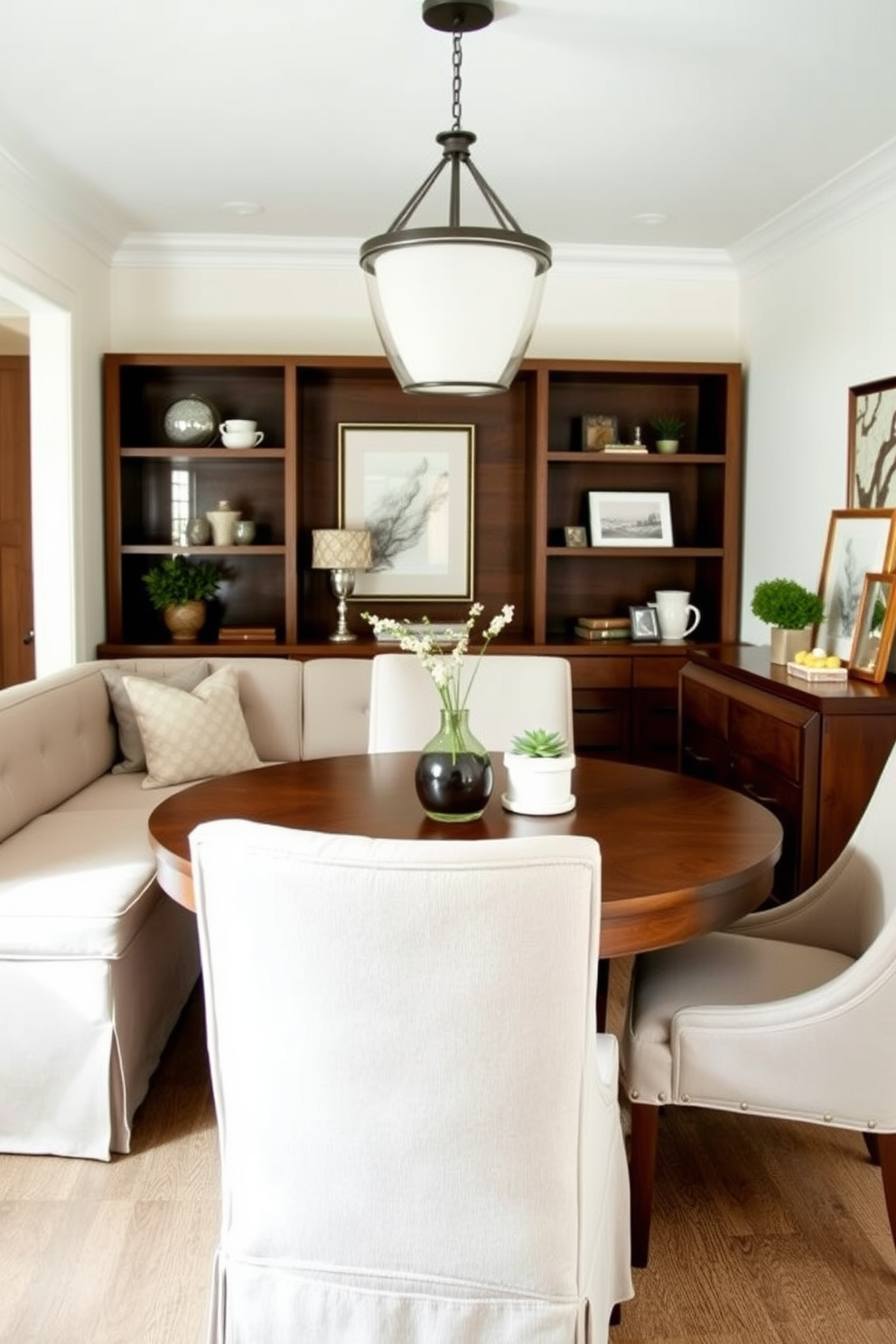 A small dining room features a stylish round table set for four with elegant dining chairs upholstered in soft fabric. Above the table, a statement chandelier with intricate detailing casts a warm glow, enhancing the inviting atmosphere of the space.