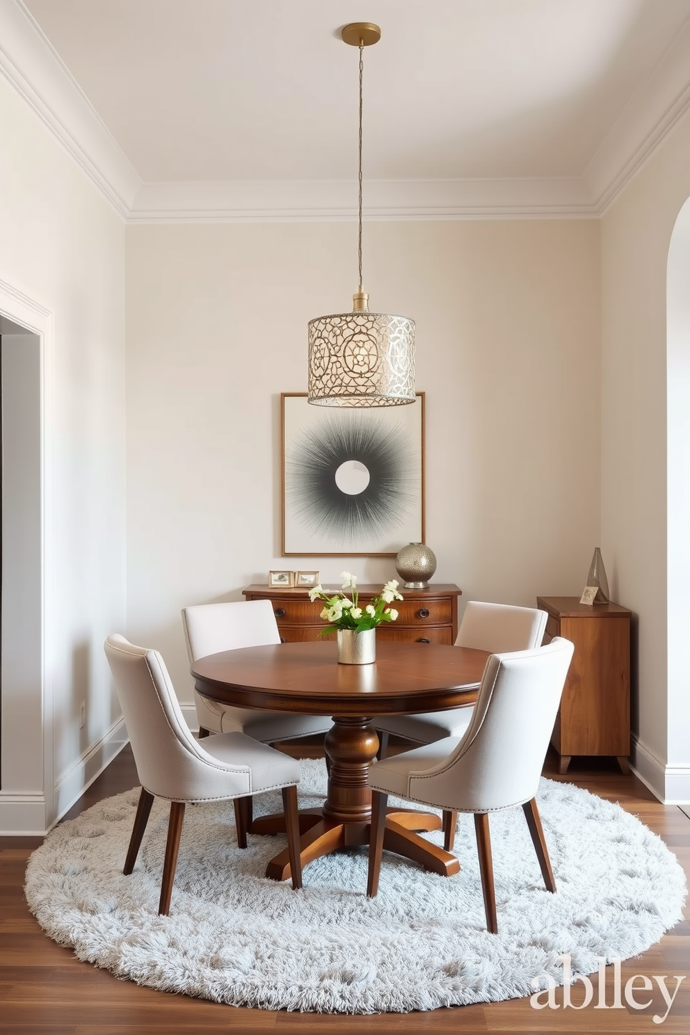 A small dining room featuring a round wooden table surrounded by upholstered chairs in soft pastel colors. Above the table, stylish pendant lights with intricate designs cast a warm glow, enhancing the cozy atmosphere. The walls are painted in a light neutral tone, complemented by a statement piece of art that adds character. A plush area rug anchors the space, while a small sideboard offers additional storage and a display for decorative items.