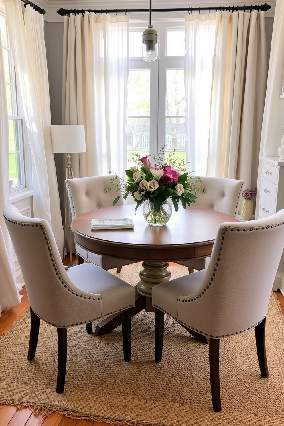 A cozy small dining room featuring layered textiles to create warmth and comfort. The space includes a round wooden table surrounded by upholstered chairs in soft, inviting fabrics. Natural light filters through sheer curtains, enhancing the inviting atmosphere. A woven rug underfoot adds texture, while a centerpiece of fresh flowers brings a touch of elegance.