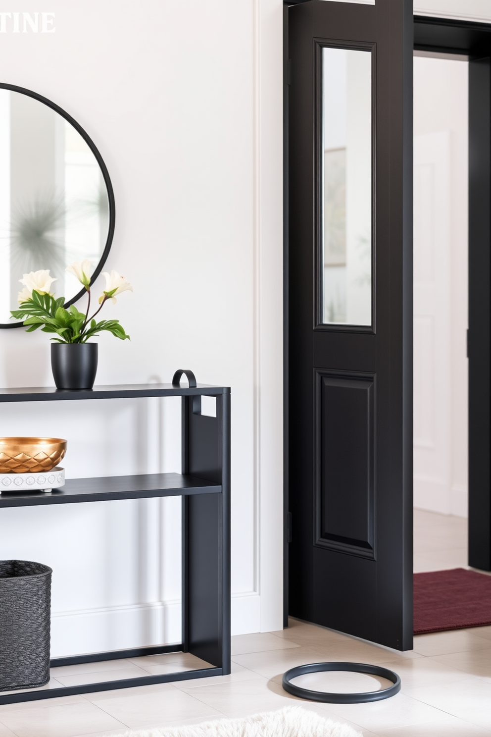 Decorative baskets are arranged neatly on a wooden shelf in a small entryway. The baskets are made of natural fibers and come in varying sizes, adding texture and warmth to the space. A slim console table sits against the wall, adorned with a small potted plant and a decorative mirror above it. The walls are painted in a soft neutral tone, enhancing the inviting atmosphere of the entryway.