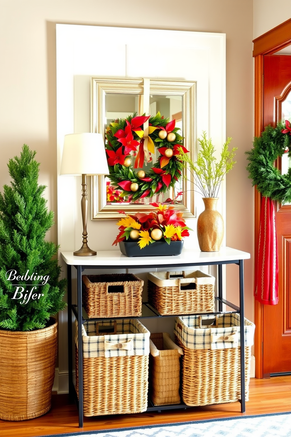 Seasonal decor for a fresh look. The entryway features a welcoming console table adorned with seasonal decorative items like pumpkins in autumn and floral arrangements in spring. Small Entryway Design Ideas. A compact bench with storage underneath is placed against the wall, paired with a round mirror above to enhance the sense of space and light.