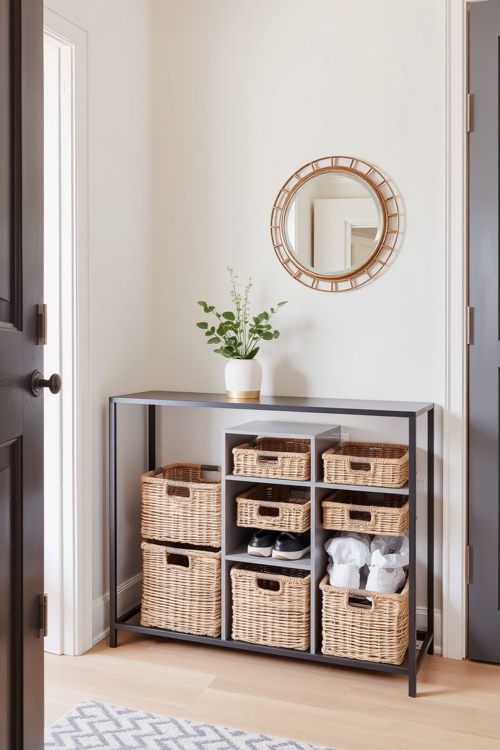 A small entryway features a stylish shoe storage solution with neatly arranged baskets. The baskets are woven in a natural material and come in varying sizes, adding texture and warmth to the space. The walls are painted in a soft pastel hue, enhancing the inviting atmosphere. A slim console table sits against one wall, topped with a decorative mirror and a small potted plant for a touch of greenery.