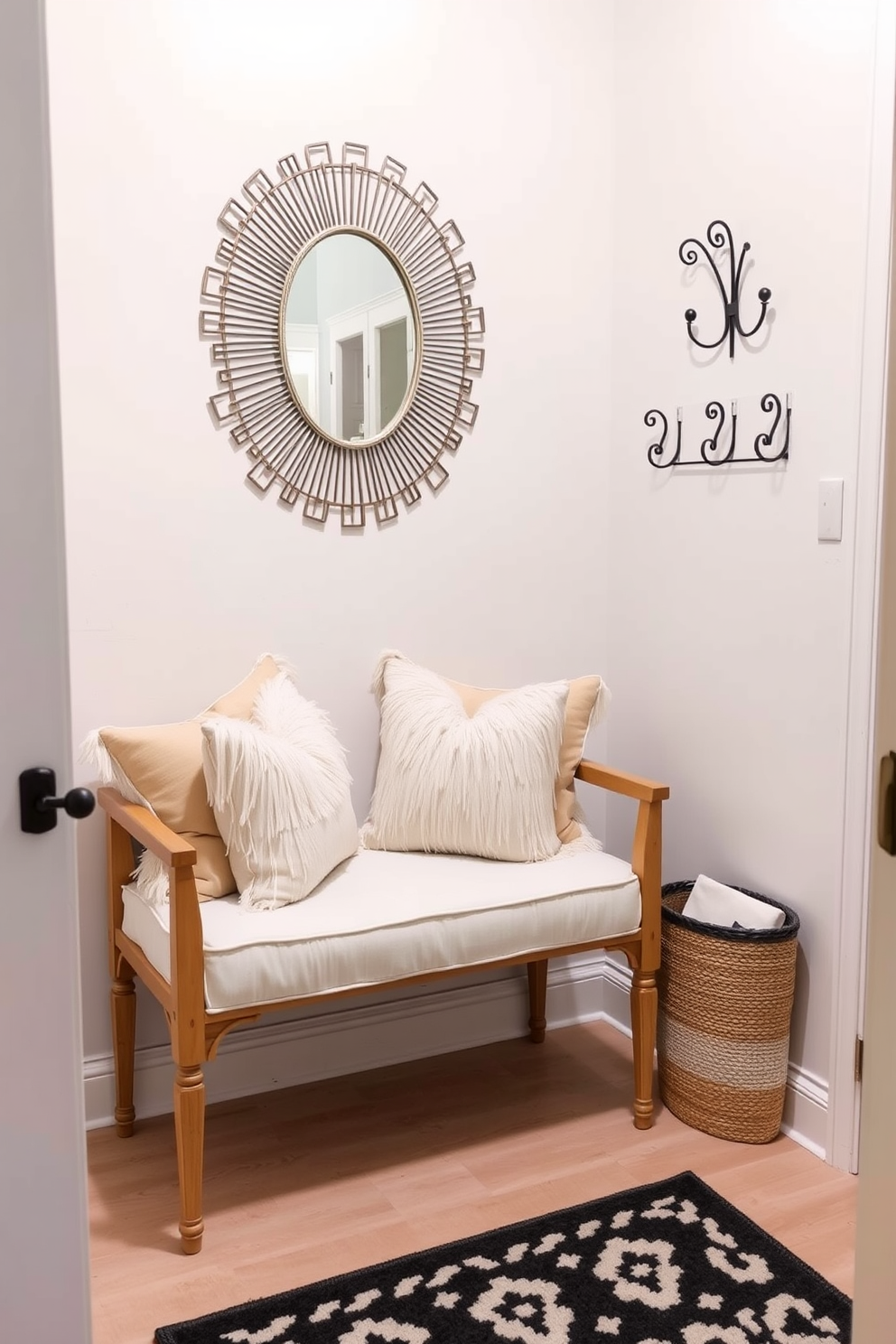 A small entryway features a compact bench adorned with plush cushions for added comfort. The walls are painted in a soft pastel hue, complemented by a stylish coat rack and a decorative mirror above the bench.