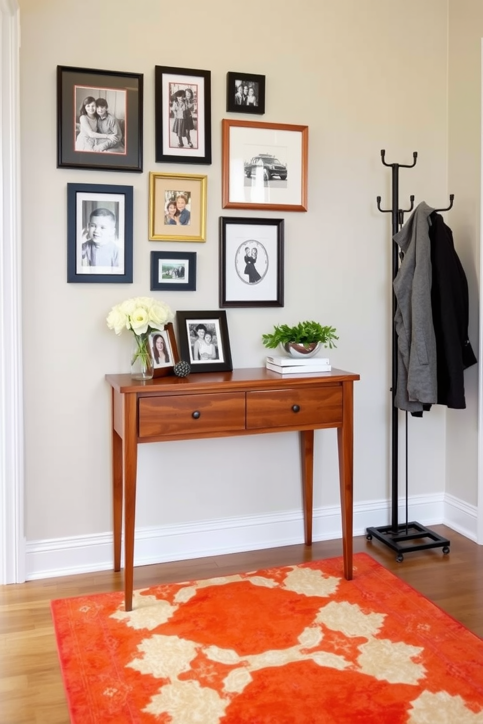 A vintage trunk serves as a unique storage option in a small entryway. The trunk is placed against the wall, adorned with a cozy throw blanket and a pair of stylish shoes on top. The walls are painted in a soft pastel hue, creating a welcoming atmosphere. A small round mirror hangs above the trunk, reflecting natural light and enhancing the sense of space.