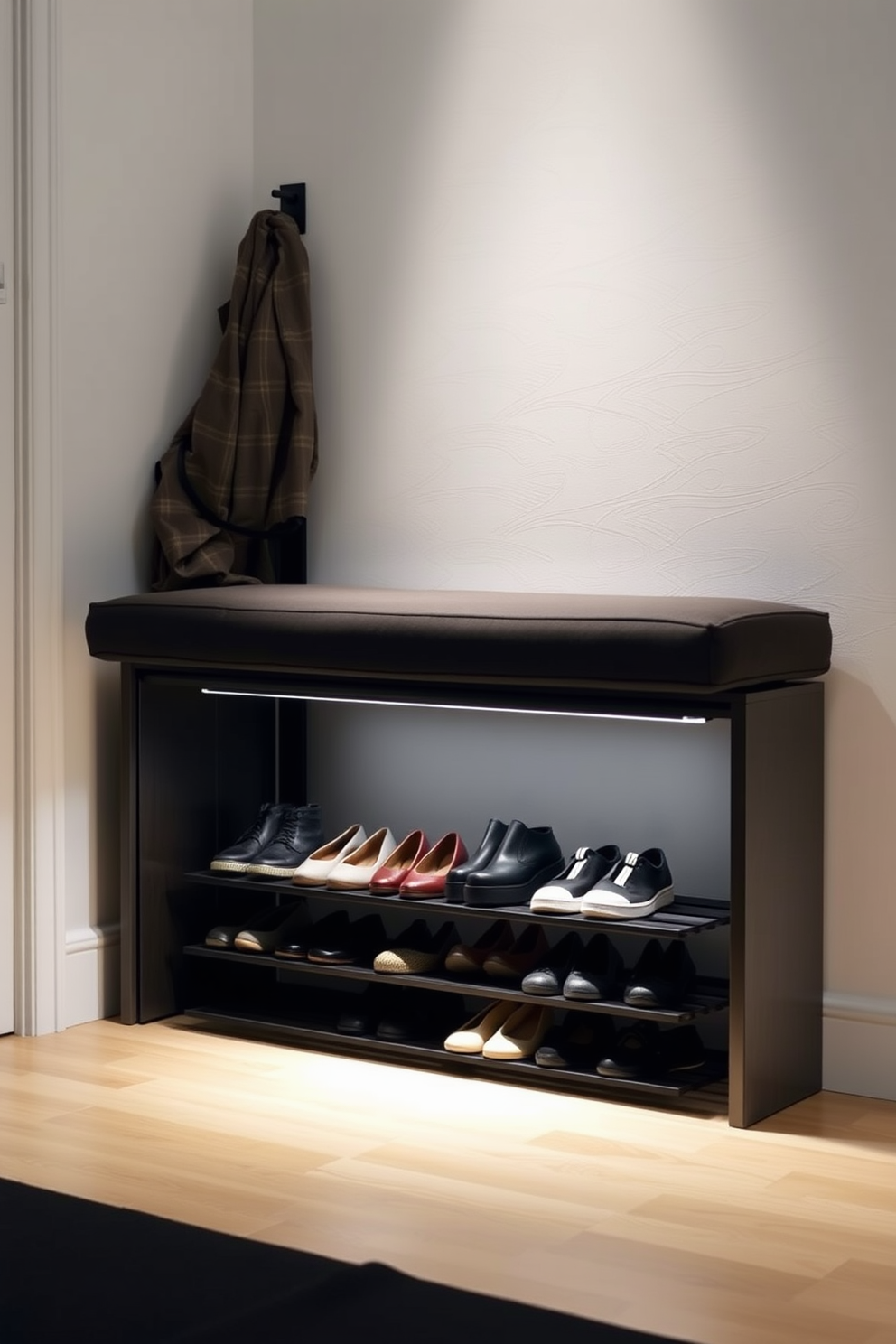 A sleek shoe rack is integrated under a stylish bench, providing a functional yet elegant storage solution. The entryway features soft lighting that highlights the minimalist design, creating a welcoming atmosphere.