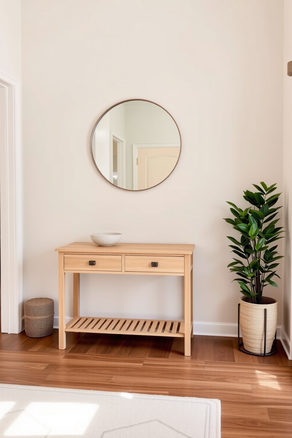 A serene entryway with neutral colors to create a calming atmosphere. The walls are painted in a soft beige, complemented by a light wood console table adorned with a simple decorative bowl. To the right, a small potted plant adds a touch of greenery, while a round mirror above the table reflects natural light. The floor features a subtle patterned rug that enhances the cozy feel of the space.