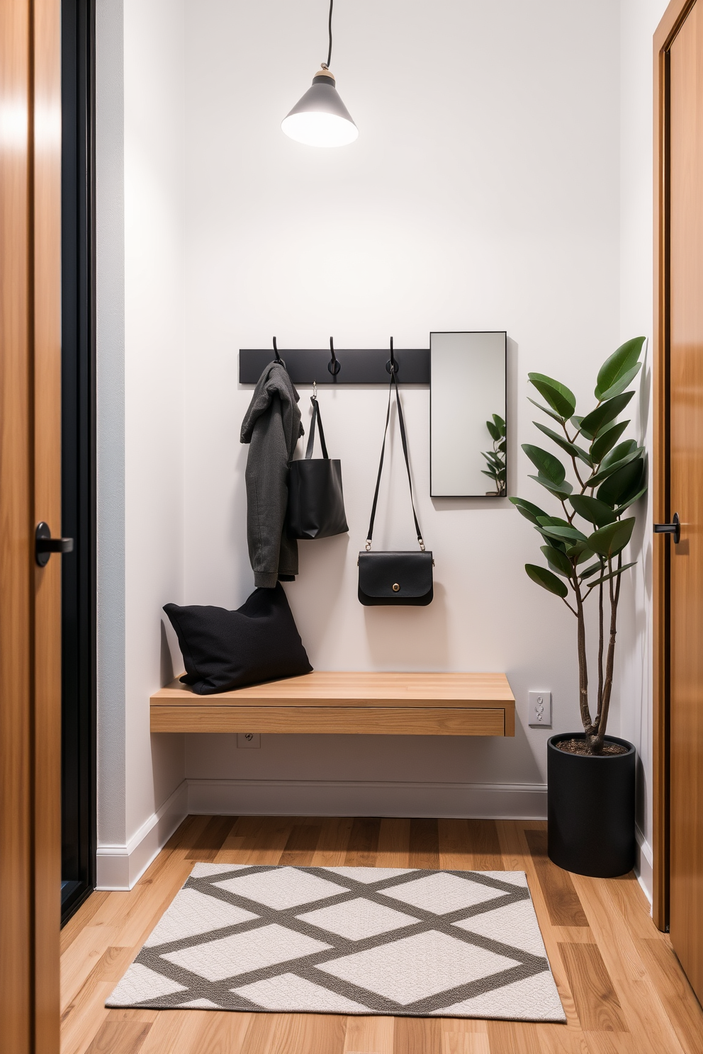 A stylish small entryway features a wall-mounted bench made of light wood, providing a sleek and functional seating area. Above the bench, a series of hooks in a matte black finish are arranged for hanging coats and bags, complemented by a minimalist wall mirror. The floor is adorned with a geometric patterned rug that adds warmth and texture to the space. Soft ambient lighting from a small pendant lamp creates an inviting atmosphere, while a potted plant in the corner brings a touch of nature indoors.