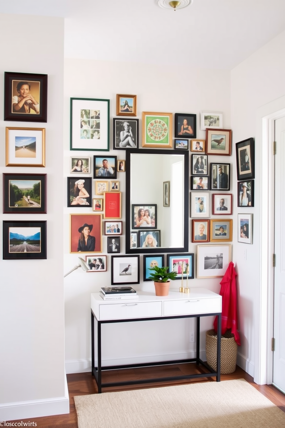 A vibrant entryway gallery wall filled with an eclectic mix of framed artwork and photographs. The wall features a variety of colors and styles, creating a lively and inviting atmosphere. A cozy small entryway designed with a minimalist approach. A sleek console table is paired with a stylish mirror above, while a small potted plant adds a touch of greenery.