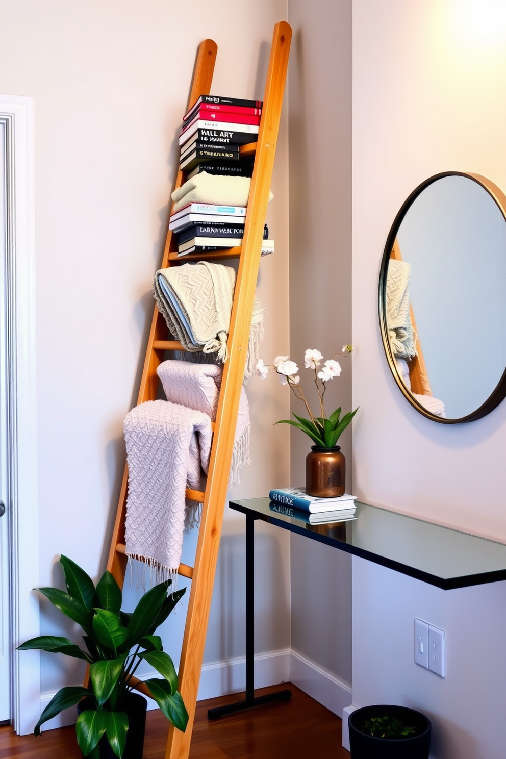 A decorative ladder leans against the wall, showcasing a collection of cozy blankets and stylish books. The ladder is made of natural wood, adding warmth to the small entryway. A slim console table sits beneath a round mirror, reflecting light and creating an illusion of space. Potted plants flank the table, bringing a touch of greenery to the compact area.