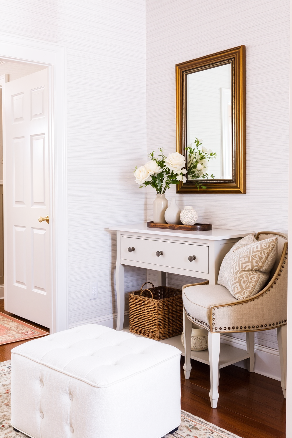 A cozy entryway featuring a cushioned ottoman in a soft fabric for easy seating. The walls are adorned with a subtle wallpaper pattern, and a small console table holds decorative items and a mirror above it.