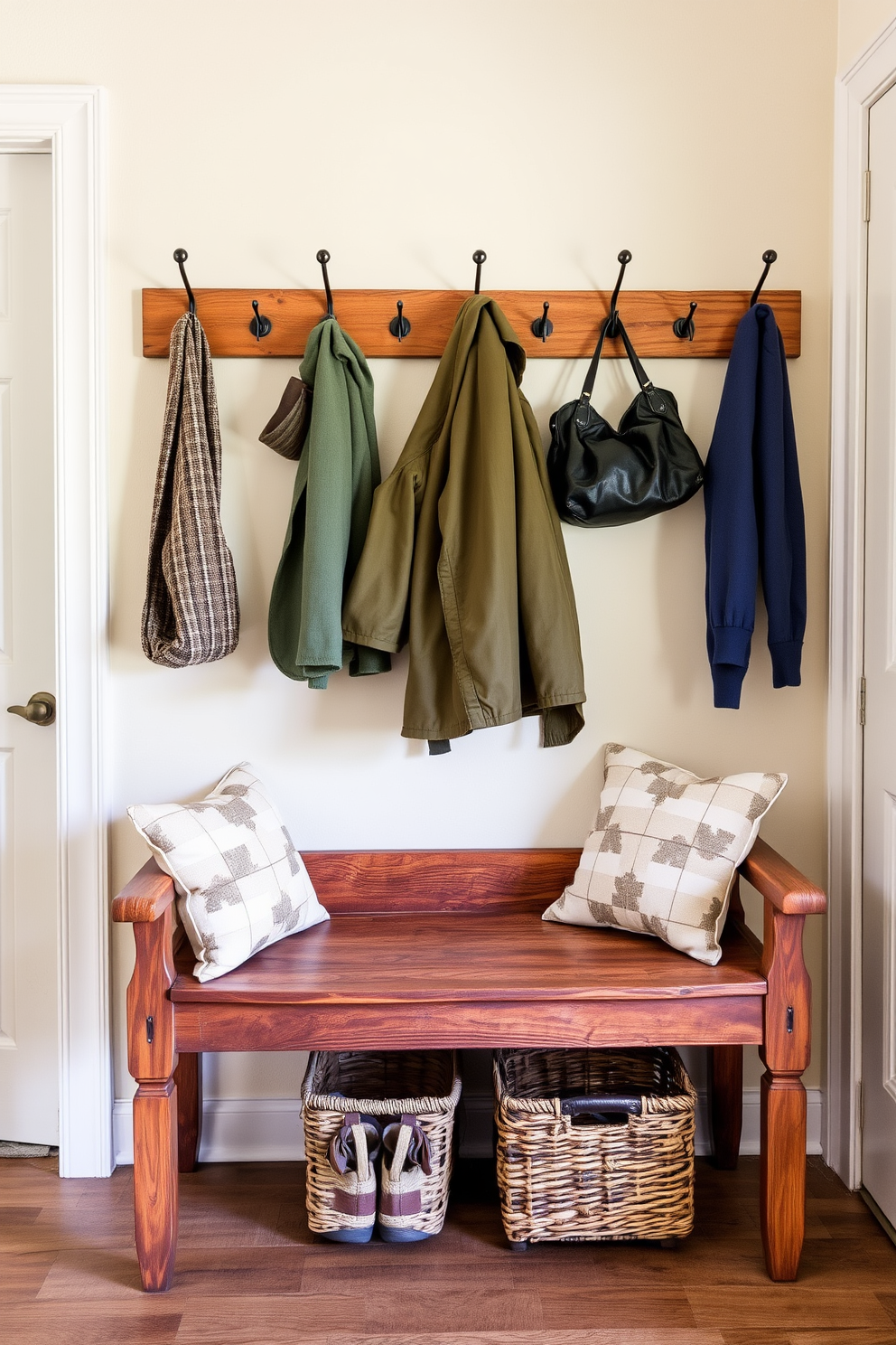 A rustic wooden bench sits against the wall, adding charm and warmth to the small entryway. Above the bench, a series of hooks are mounted for hanging coats and bags, while a woven basket underneath provides a space for shoes.