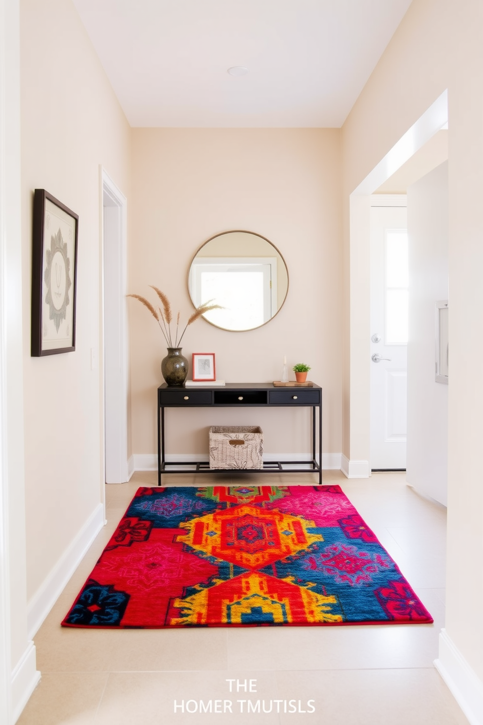 A vibrant and colorful rug is placed at the center of the entryway, instantly drawing attention and adding warmth to the space. The walls are painted in a soft neutral tone, creating a perfect backdrop for the lively rug. To the side, a compact console table holds decorative items and a small potted plant, enhancing the welcoming atmosphere. Above the table, a round mirror reflects light and makes the entryway feel more spacious.