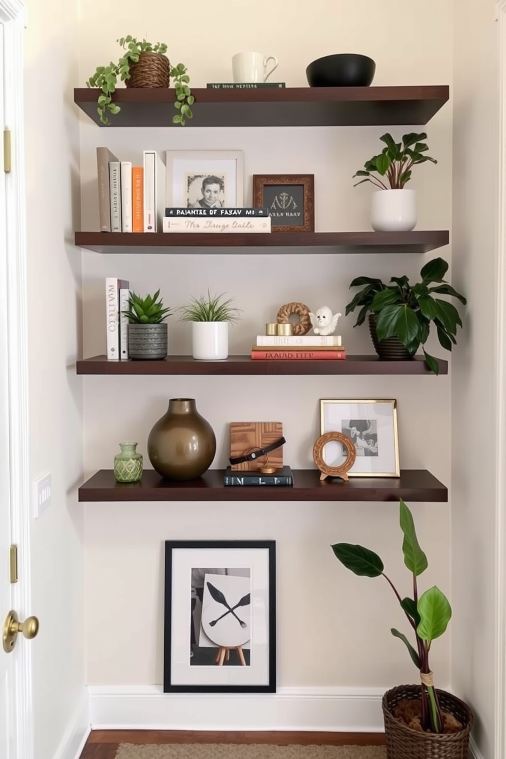 A small entryway features floating shelves mounted on the wall for decorative storage. The shelves hold a mix of plants, books, and stylish decor items, creating an inviting atmosphere.