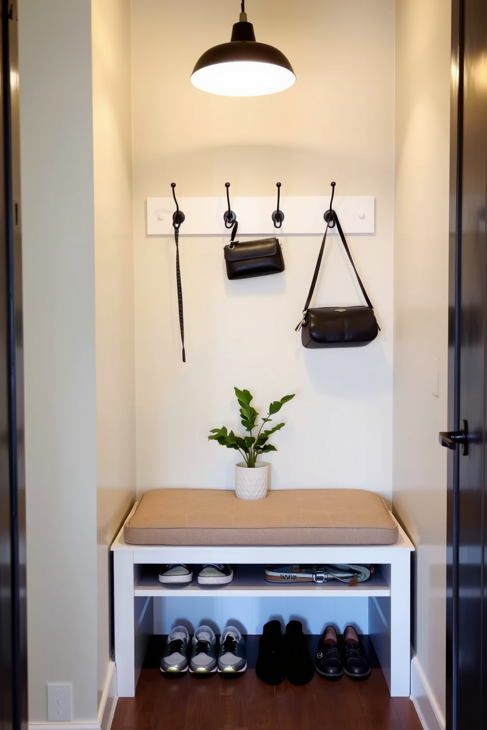 A multi-functional bench with hidden storage is placed against the wall in a small entryway. The bench features a sleek design with a soft cushion on top, providing both seating and a discreet space for storing shoes and accessories. On the wall above the bench, a set of stylish hooks is mounted for hanging coats and bags. The entryway is illuminated by a modern pendant light, and a small potted plant adds a touch of greenery to the space.