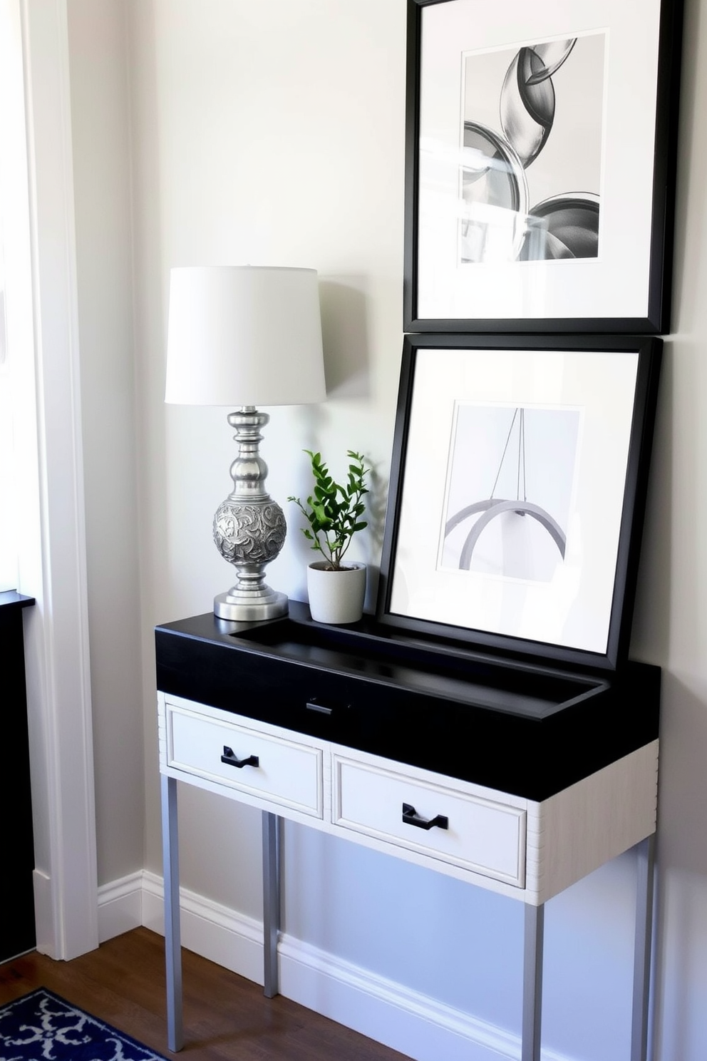 A narrow console table with drawers sits against the wall in a small entryway. The table is styled with a decorative lamp, a small potted plant, and a framed photo, creating an inviting and functional space.