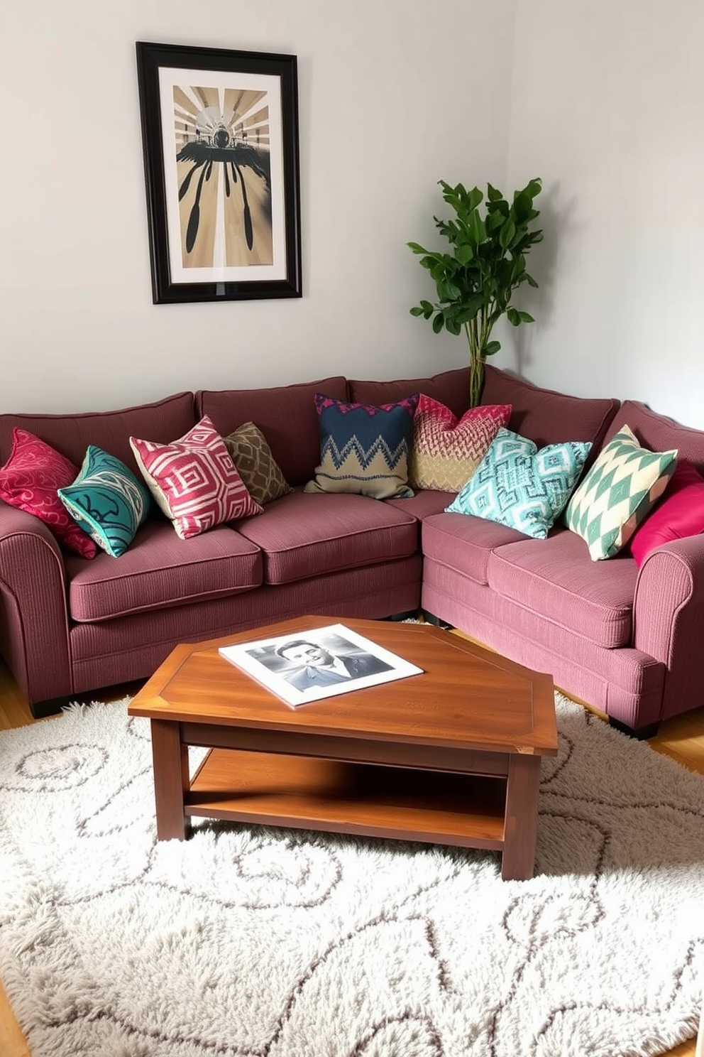 A cozy sectional sofa is positioned in the small family room, adorned with an array of colorful throw pillows in various patterns and textures. A soft area rug anchors the seating area, while a wooden coffee table sits in front, creating a welcoming atmosphere for relaxation and conversation.