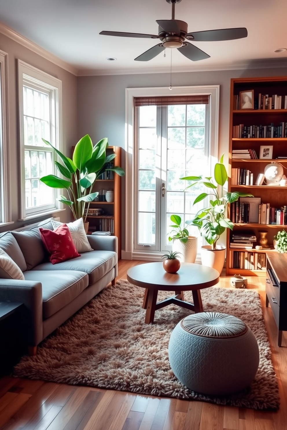 A cozy small family room featuring a comfortable sectional sofa in soft gray fabric. A round wooden coffee table sits in the center, surrounded by a plush area rug in warm tones. In one corner, a tall bookshelf filled with books and decorative items adds character to the space. Lush green plants are placed near the windows, bringing a refreshing touch of nature indoors.