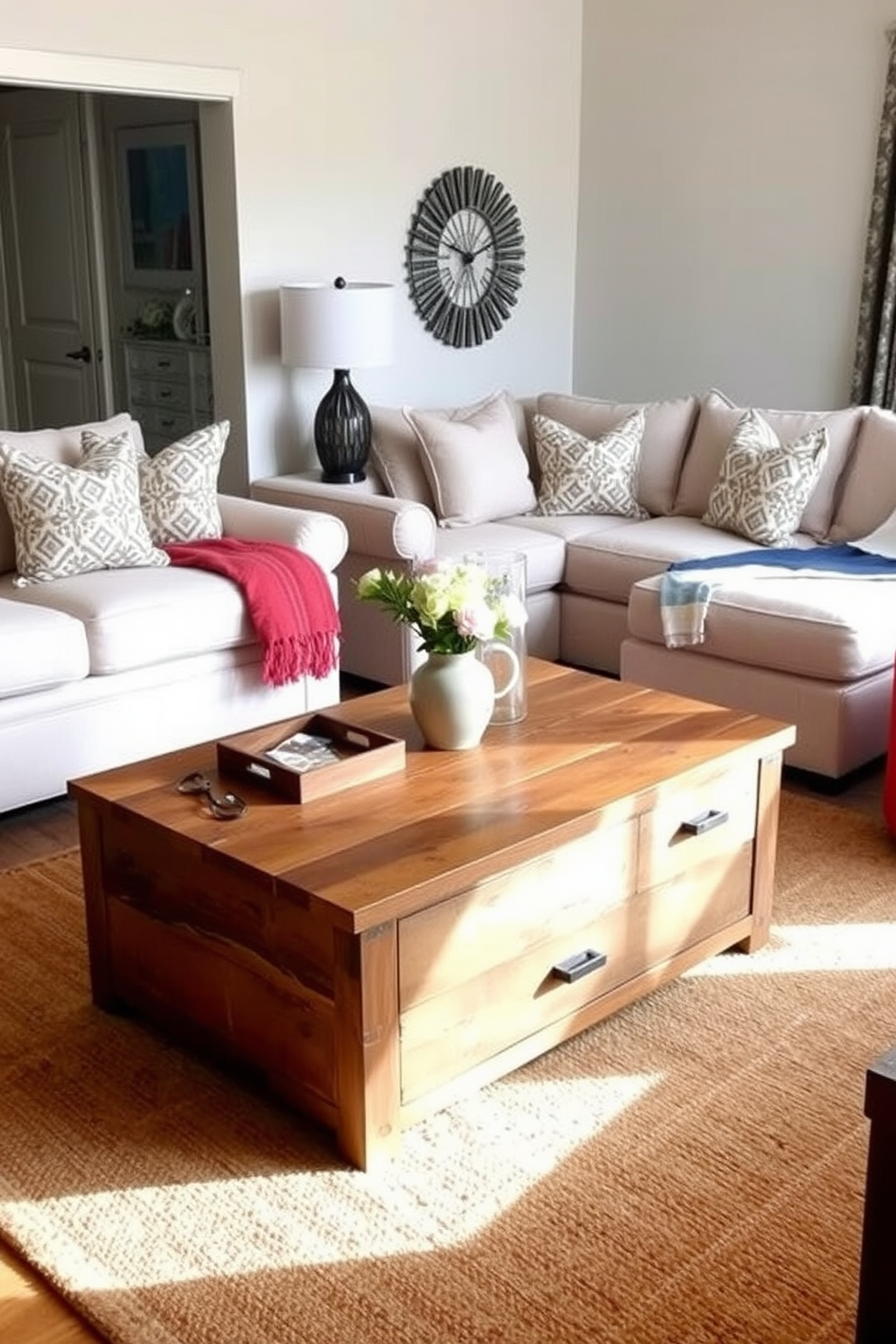 A cozy family room featuring a stylish coffee table that incorporates storage options. The table is made of reclaimed wood with a rustic finish and includes drawers for keeping items organized. Surrounding the coffee table are a plush sectional sofa in a neutral fabric and a pair of accent chairs in a vibrant color. Soft throw pillows and a warm area rug add texture and comfort to the space, creating an inviting atmosphere.