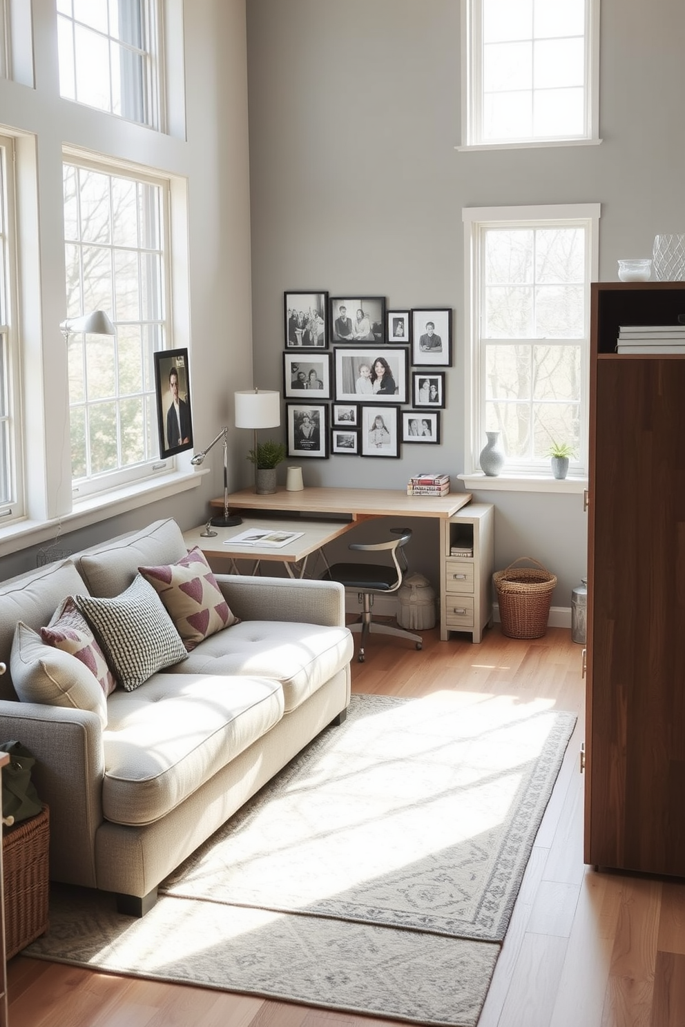 A cozy small family room featuring a fold-out desk seamlessly integrated into the design. The space is adorned with soft neutral tones, a comfortable sectional sofa, and a stylish area rug that anchors the room. Natural light floods the area through large windows, highlighting a gallery wall of family photos. A small bookshelf stands beside the desk, filled with books and decorative items to create an inviting atmosphere.