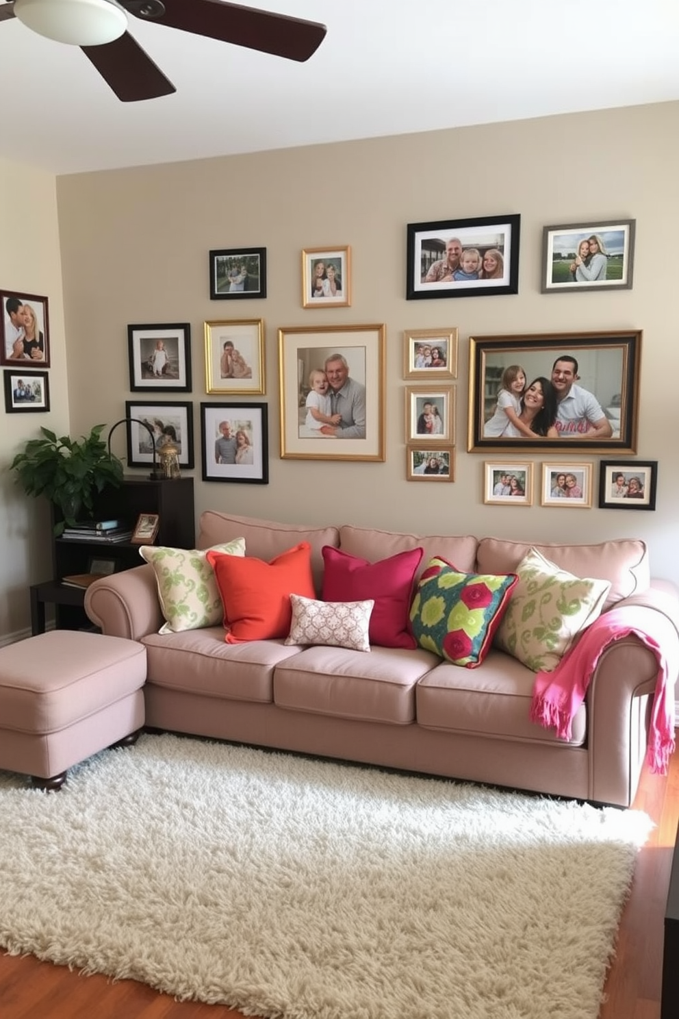 A cozy family room adorned with personalized decor featuring framed family photos on the walls. The space includes a comfortable sofa with colorful throw pillows and a soft area rug that adds warmth to the room.