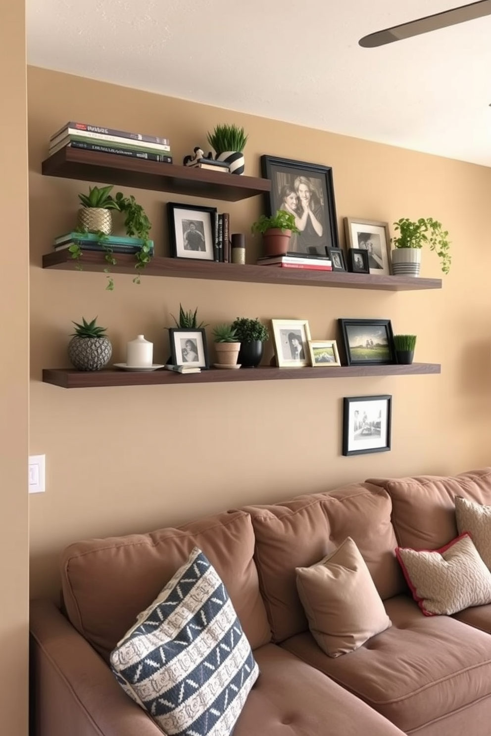 A cozy small family room features floating shelves adorned with decorative accents such as books, plants, and framed photos. The walls are painted in a warm beige tone, while a plush sectional sofa invites relaxation and conversation.