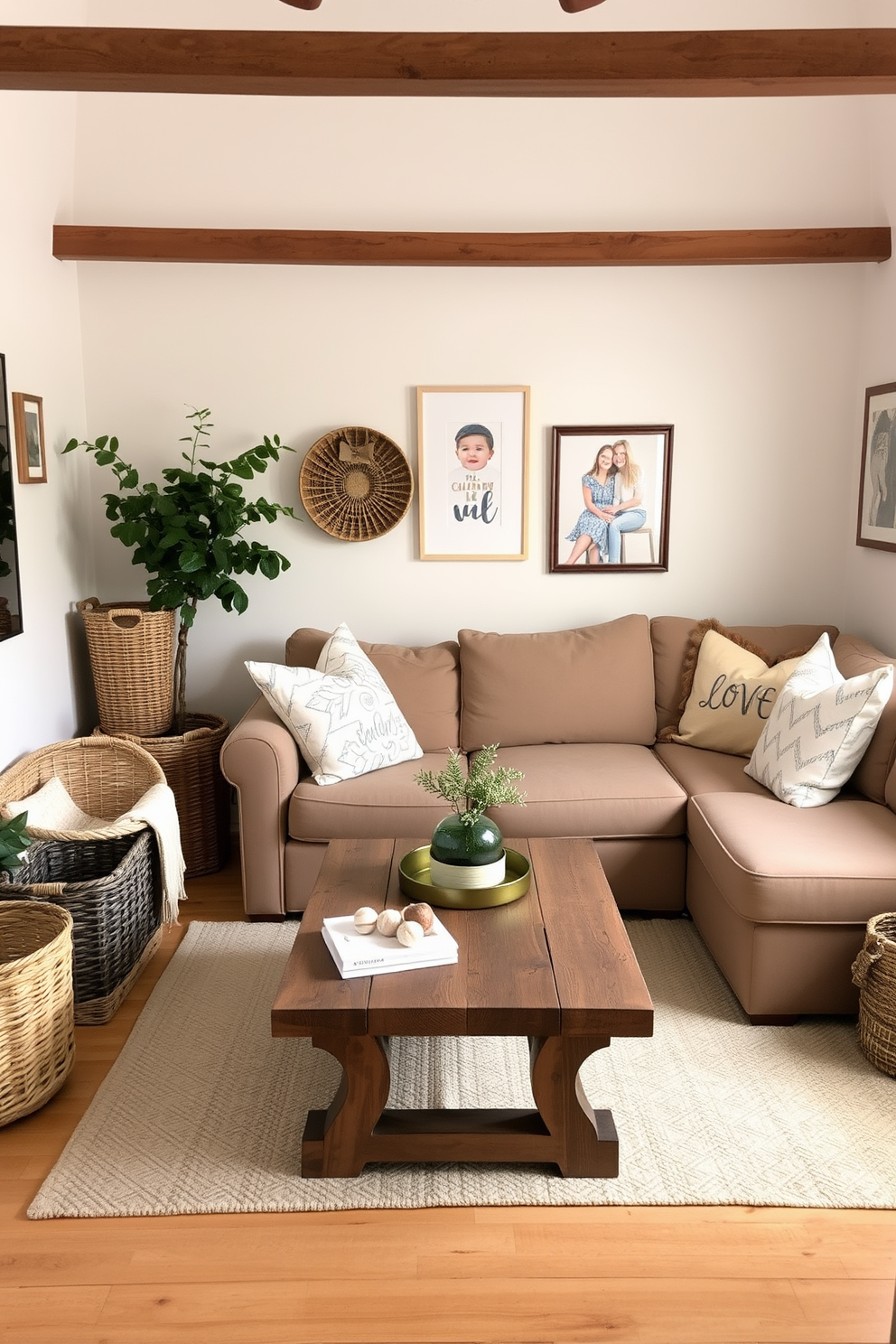 A cozy small family room with soft neutral tones. Decorative baskets are used for organization, adding texture and warmth to the space. A comfortable sectional sofa is positioned around a rustic coffee table. The walls are adorned with family photos and cheerful artwork, creating a welcoming atmosphere.