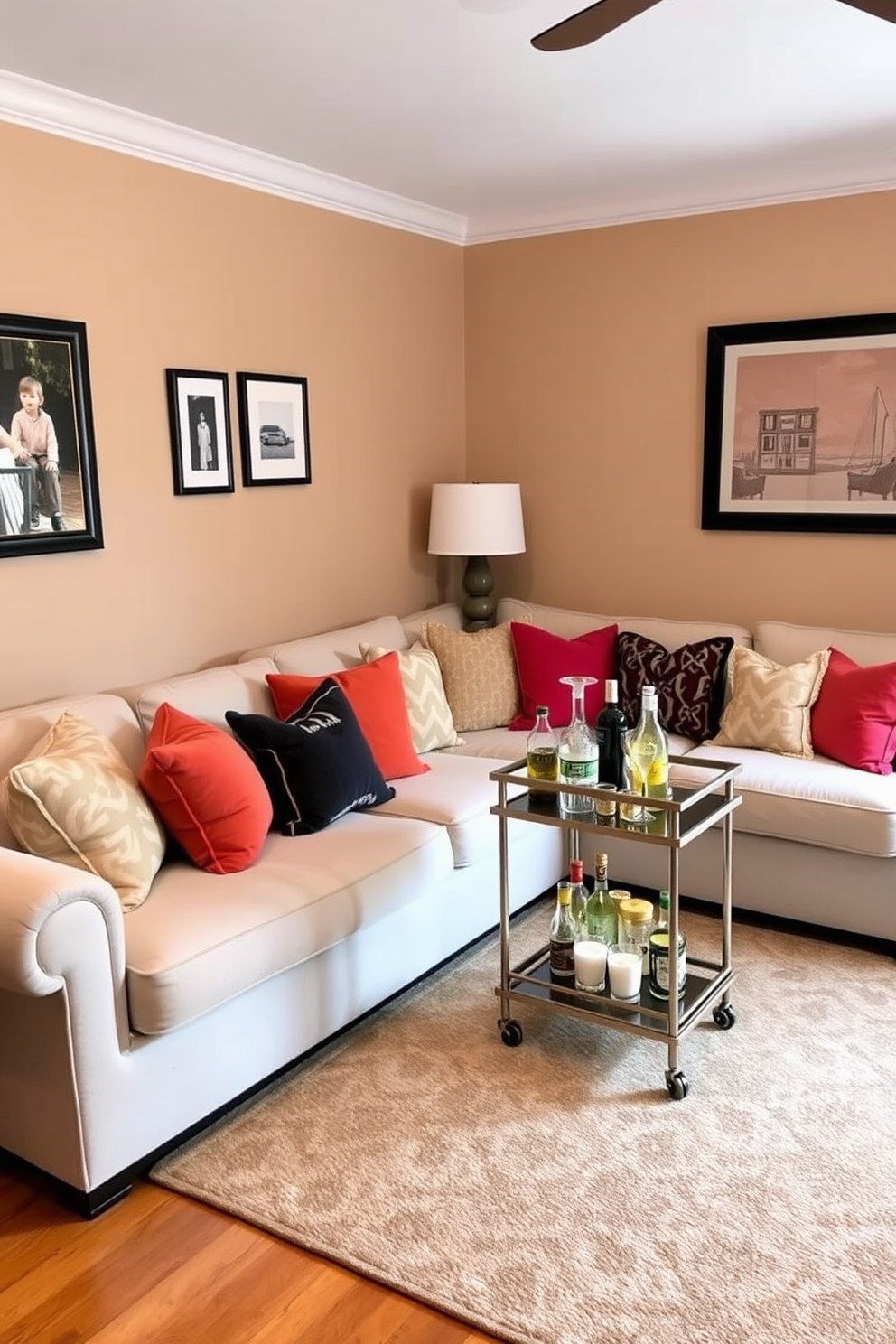 A cozy family room features a plush sectional sofa adorned with colorful throw pillows, creating an inviting atmosphere for relaxation. In the corner, a stylish small bar cart is elegantly arranged with a selection of drinks and glassware, adding a touch of sophistication to the space. The walls are painted in a warm neutral tone, complemented by a large area rug that ties the room together. A few framed family photos and artwork are displayed on the walls, personalizing the room and enhancing its charm.