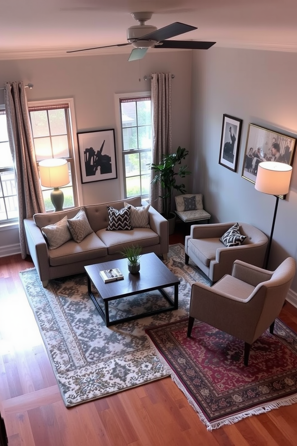 Create a cozy small family room that features distinct zones defined by area rugs. Incorporate a comfortable sofa facing a coffee table on a soft area rug, while a reading nook with an armchair and a floor lamp is situated on another rug in the corner.