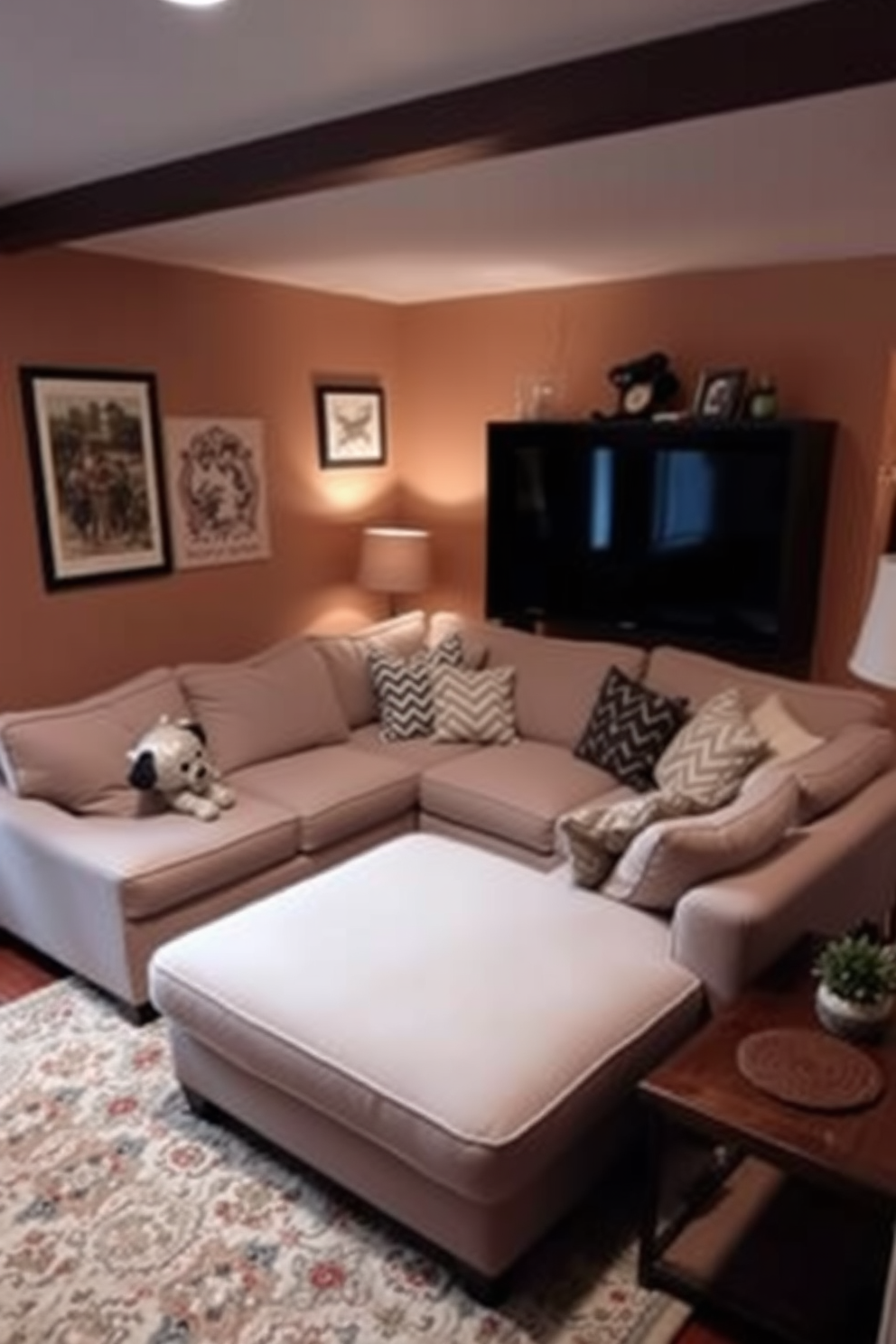 A cozy small family room featuring a corner sofa that maximizes the corner space. The room is adorned with warm-toned walls and a soft area rug, creating an inviting atmosphere for relaxation and family gatherings.