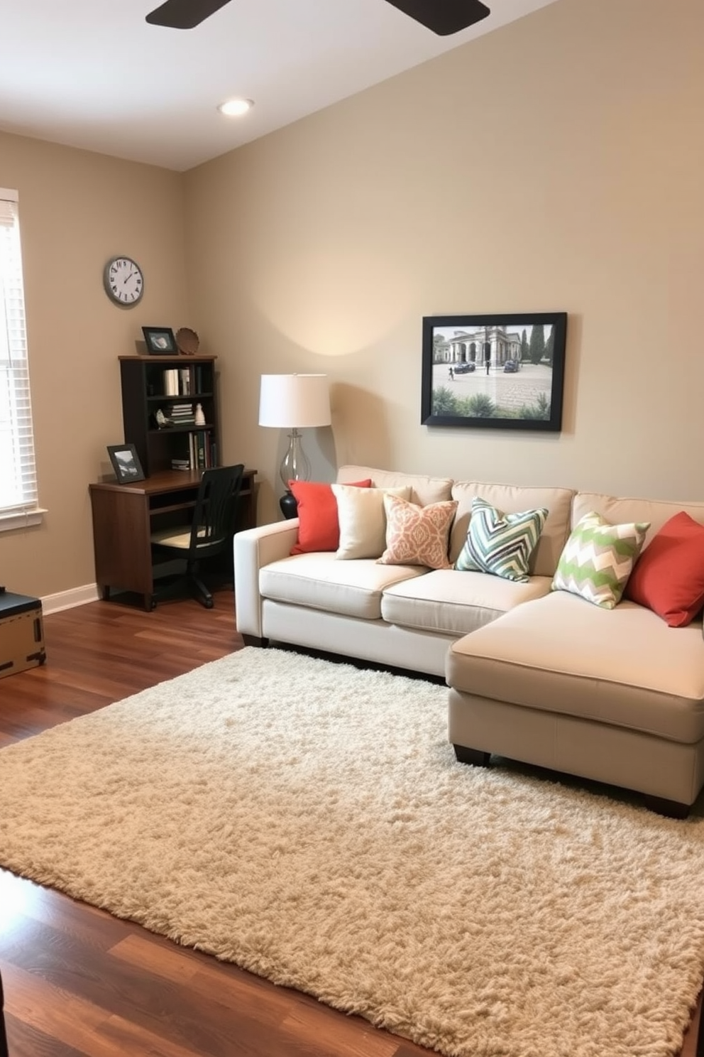 A cozy family room designed for comfort and functionality. The space features a soft sectional sofa in a neutral tone paired with colorful throw pillows, creating an inviting atmosphere. In one corner, a small wooden desk is placed for homework or crafts, complemented by a stylish chair. The walls are painted in a warm beige, and a plush area rug anchors the seating area, adding texture and warmth to the room.