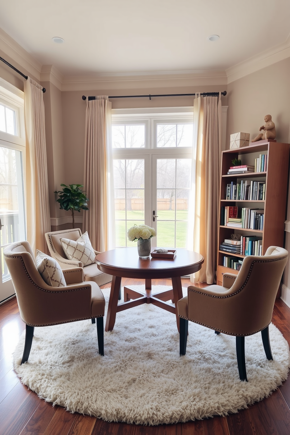 A cozy small family room featuring a round wooden table at the center, surrounded by comfortable upholstered chairs. The walls are painted in a soft beige tone, and a plush area rug lies beneath the table, adding warmth to the space. Natural light streams in through large windows adorned with sheer curtains, creating an inviting atmosphere. A stylish bookshelf filled with books and decorative items is positioned against one wall, enhancing the room's charm.