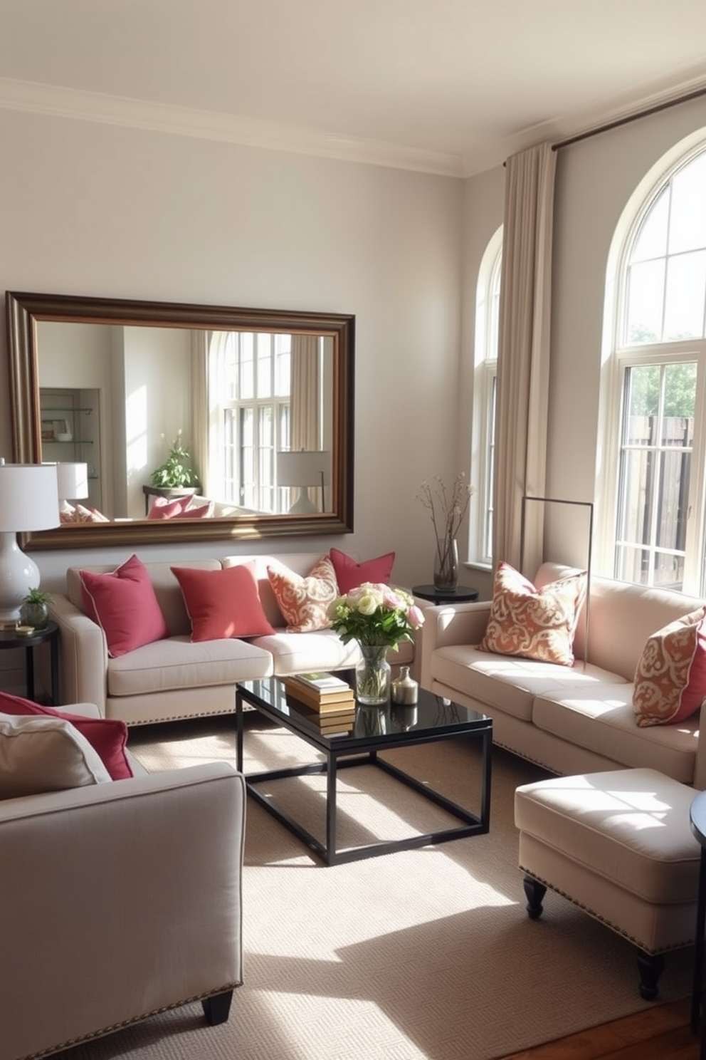 A cozy family room filled with natural light. The focal point is a large mirror on one wall that reflects the sunlight, making the space feel more open and airy. Comfortable seating is arranged around a stylish coffee table, creating an inviting atmosphere. Soft, neutral tones dominate the decor, complemented by vibrant throw pillows for a pop of color.