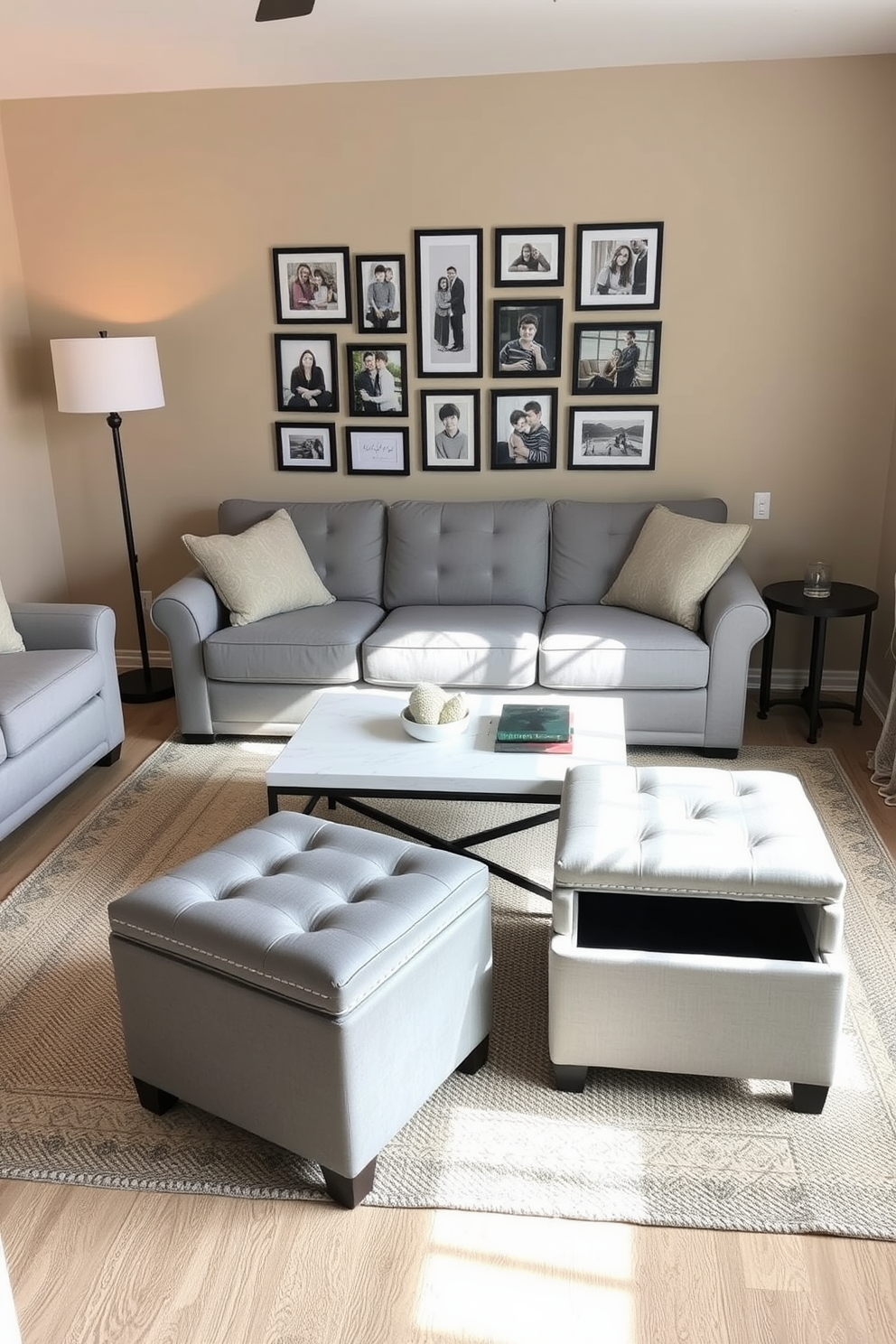 A cozy small family room featuring a comfortable sectional sofa in a soft gray fabric. In the center, a stylish coffee table sits atop a textured area rug, surrounded by two elegant ottomans that provide extra seating and hidden storage. The walls are painted in a warm beige tone, creating an inviting atmosphere. A gallery wall of framed family photos adds a personal touch, while a floor lamp in the corner enhances the room's ambiance.