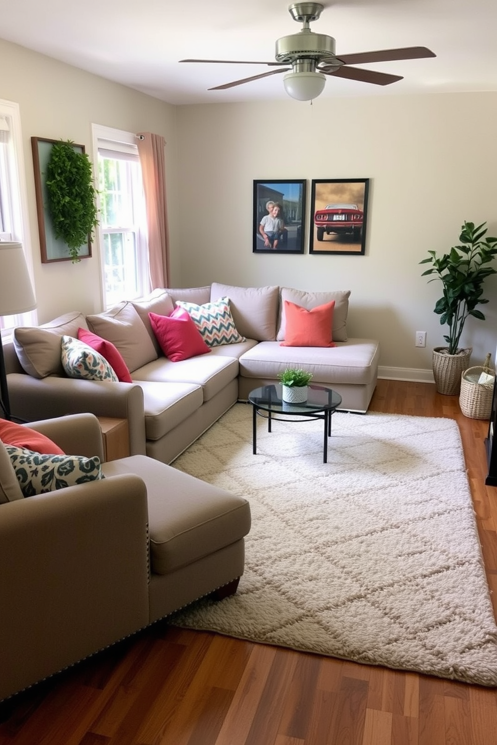 A cozy small family room featuring a soft area rug that defines the seating area. The room is adorned with a comfortable sectional sofa in a neutral color, accented by vibrant throw pillows for a pop of color.