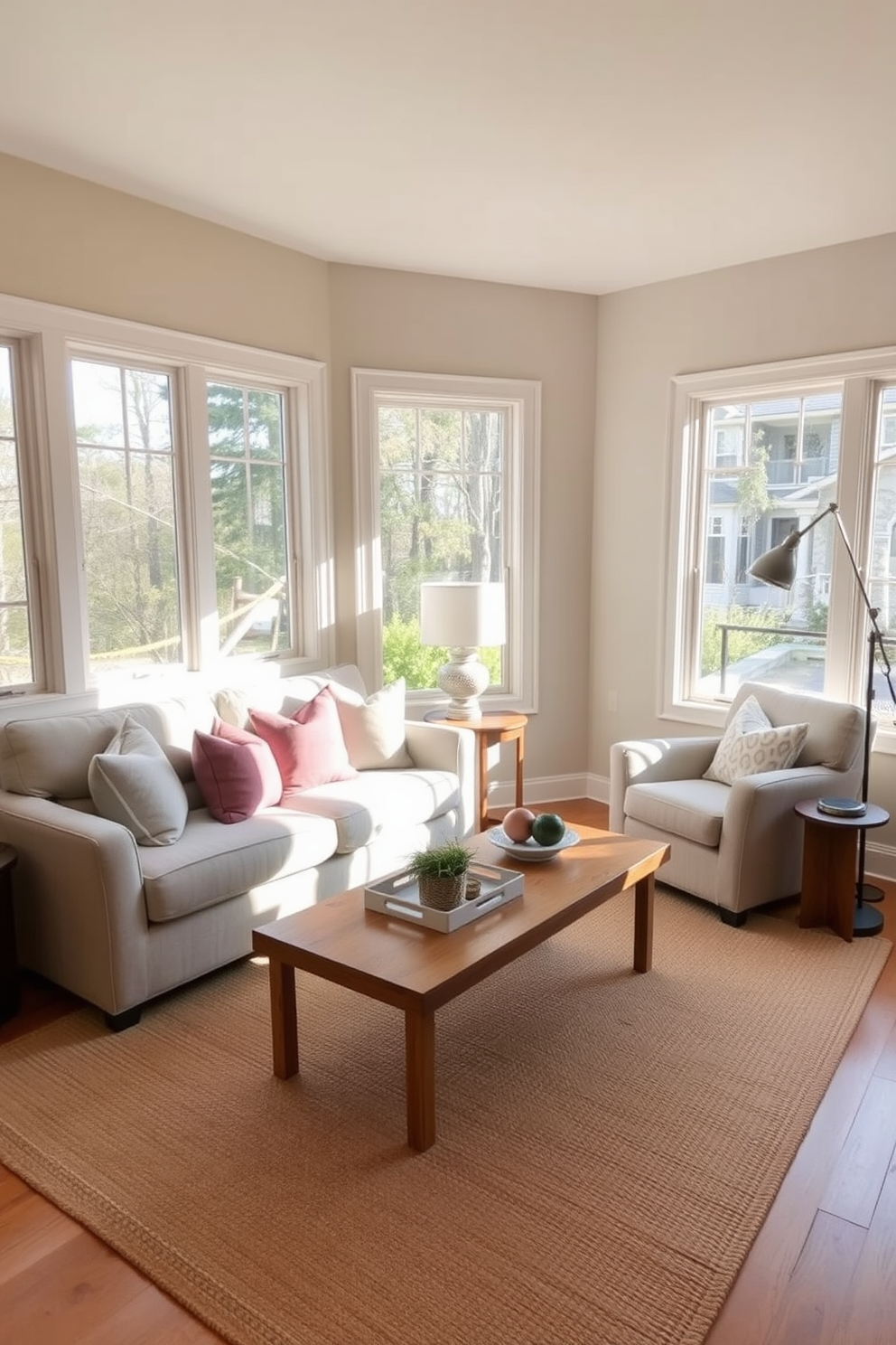 A small family room featuring a neutral color palette to create a serene and calming atmosphere. Soft beige walls complement a comfortable light gray sofa adorned with pastel throw pillows, while a natural wood coffee table sits at the center. A cozy reading nook is created by placing a plush armchair in the corner, accompanied by a small side table and a stylish floor lamp. Large windows allow natural light to flood the space, highlighting the subtle textures of a woven area rug beneath.